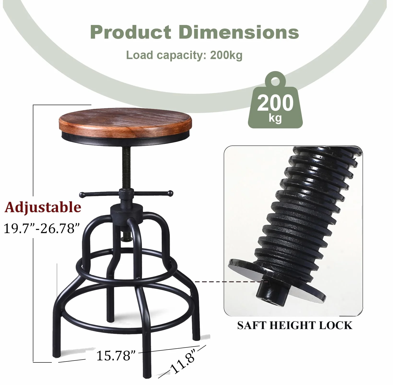 Vintage Industrial Bar Stool-Rustic Swivel Barstools-Round Wood Metal Base-Kitchen Counter Height Adjustable Pipe Stool-Cast Steel Chairs 20-27 Inch (Set of 2)