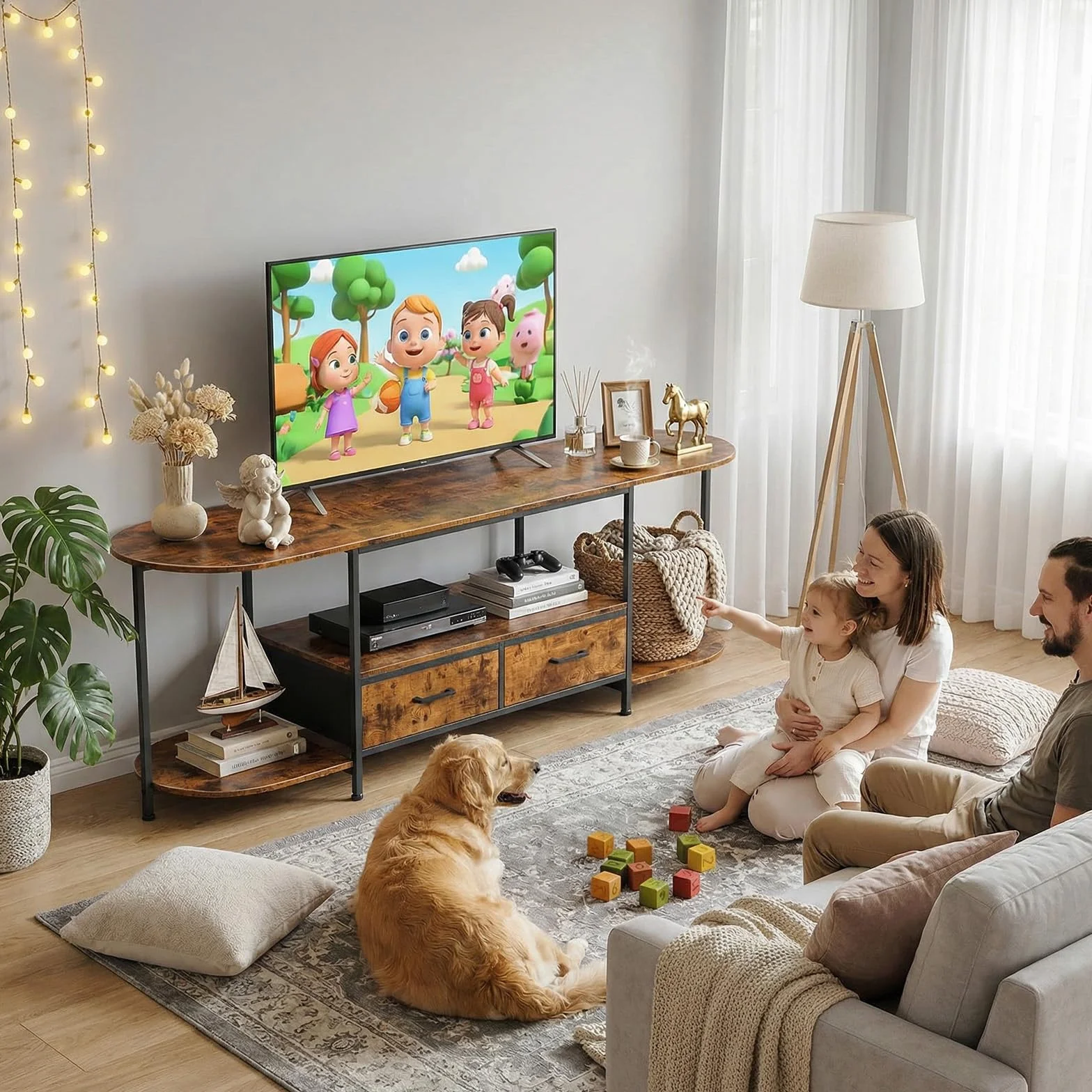 Faesun 63" TV Stand for TVs up to 75 Inches, Curved Edge Media Console & Entertainment Center with 2 Fabric Drawers, Modern TV Console Table for Living Room or Bedroom, Rustic Brown