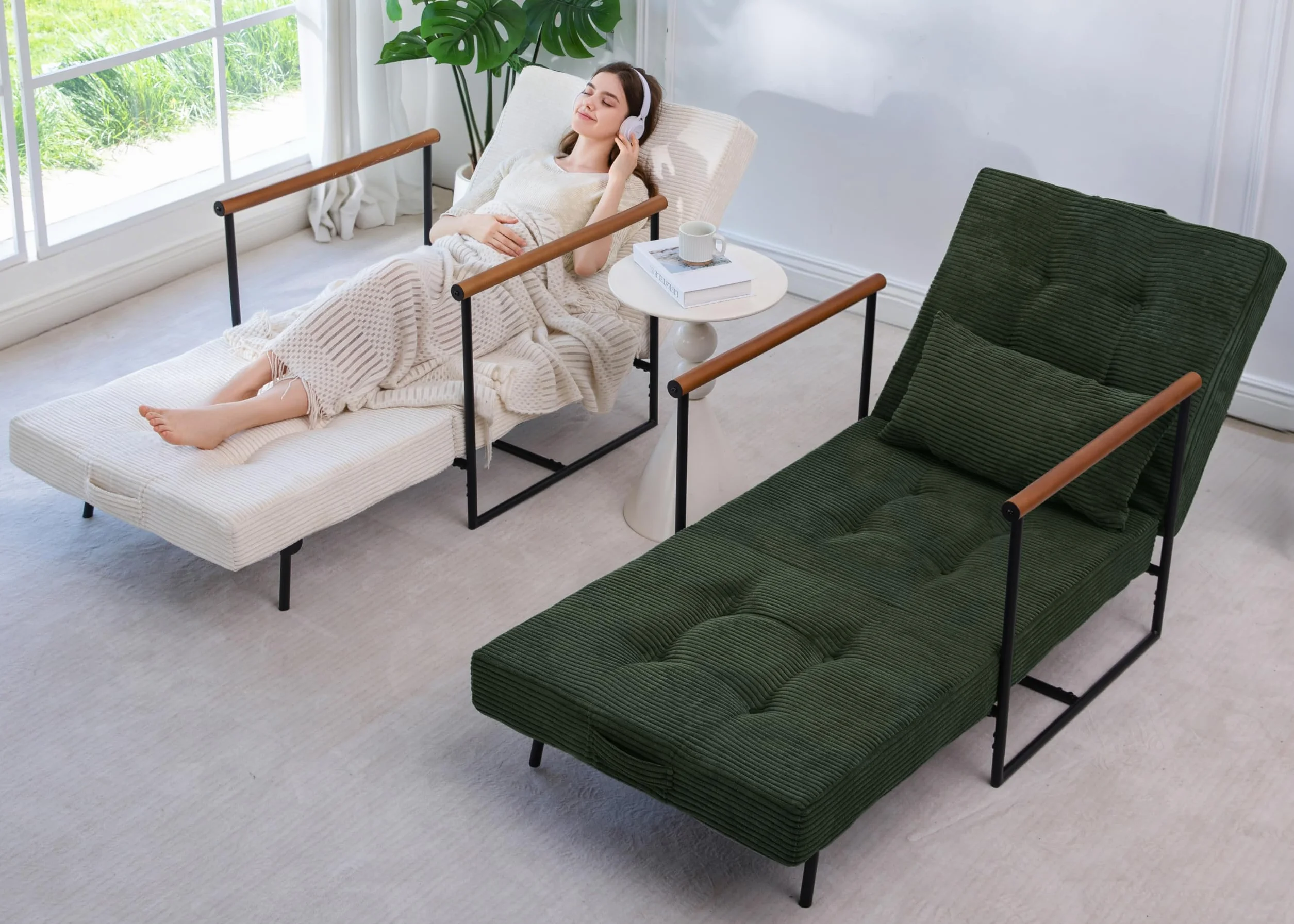 MAXYOYO Chair Bed, Adjustable Sleeper Chair, Single Sofa Bed with Frame | 2-in-1 Folding Lounge Chair, Adjustable Backrest and Tufted Corded Upholstery for Living Rooms or Bedrooms, Dark Green