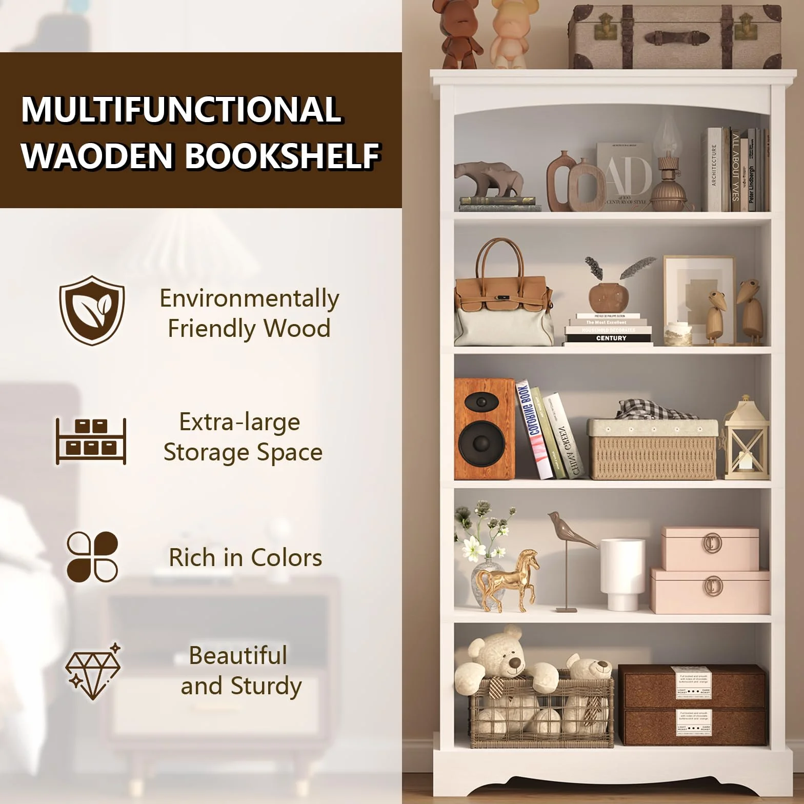 TVU 5-Tier Wooden Bookshelf, 31.5" W x 65" H ×9.9" D Bookshelf with Storage, Floor Standing Modern Style Display Bookcase for Living Room, Office, Study Room, Entryway, White