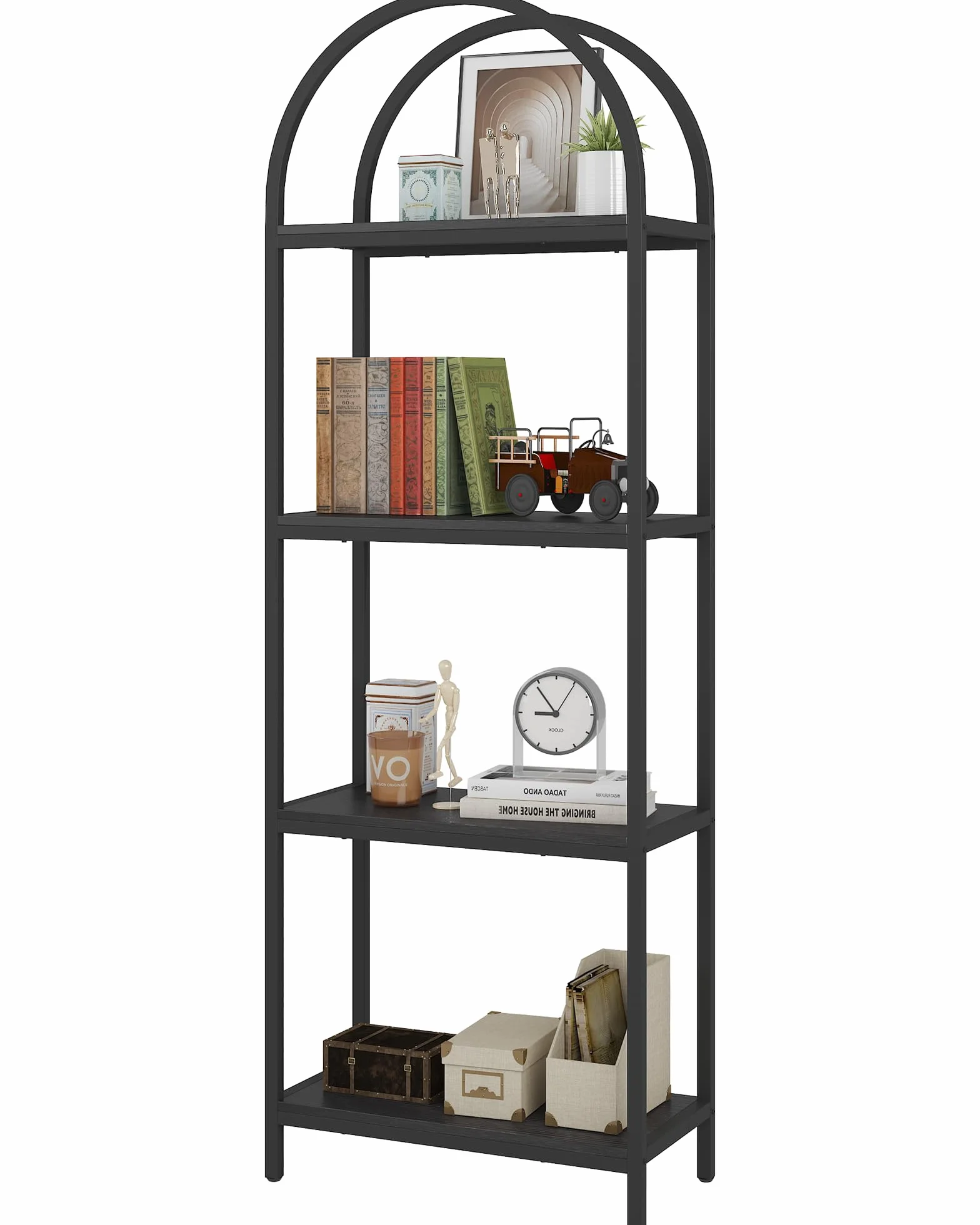 Yusong Bookshelf 4 Tier Arched Bookcase, 71.3" Tall Industrial Open Book Shelves for Living Room, Modern Freestanding Display Shelving Unit Storage Rack with Metal Frame, Office, Bedroom, Black