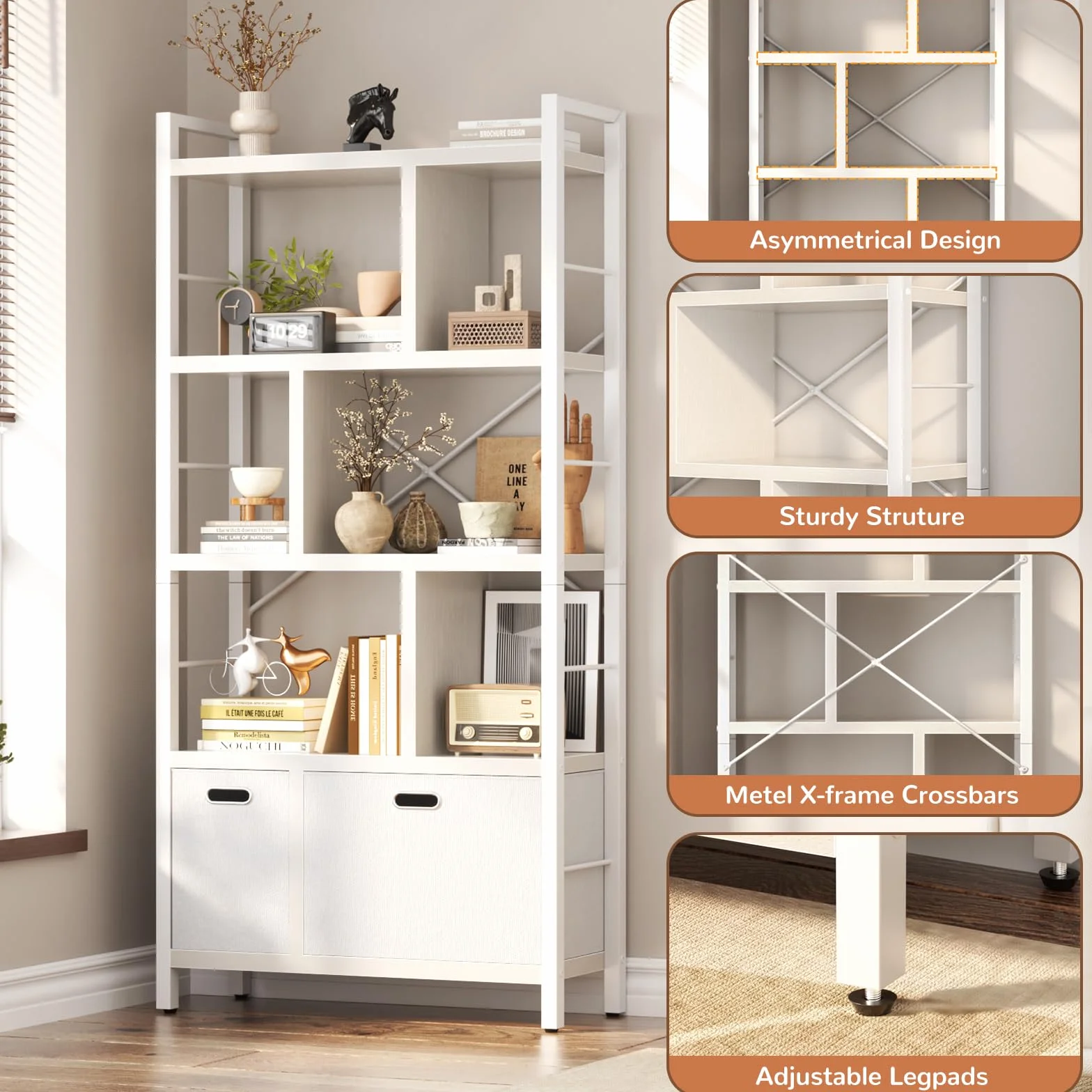 Bookshelf with Drawers - 5 Tier Tall Bookcase Geometric Modern Book Shelf Display Standing Bookshelves with Storage for Living Room, Bedroom Home Office, White