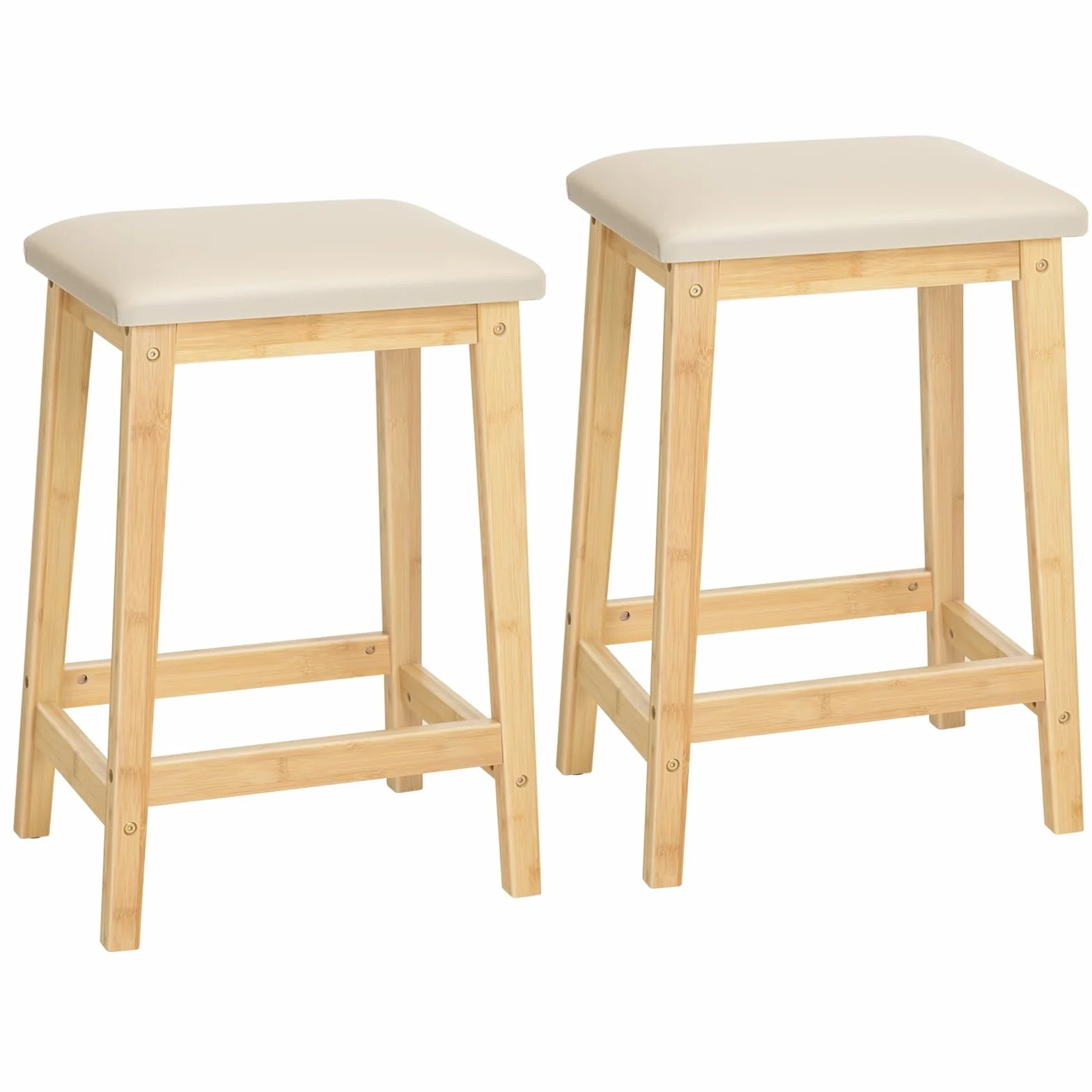 HOOBRO Bar Stools, Set of 2 Bar Chairs, Counter Height Bar Stools, PU Upholstered Kitchen Stools, 24 Inch Bamboo Saddle Stools with Footrests, for Kitchen, Dining Room, Bar, Beige and Natural YE04MD01