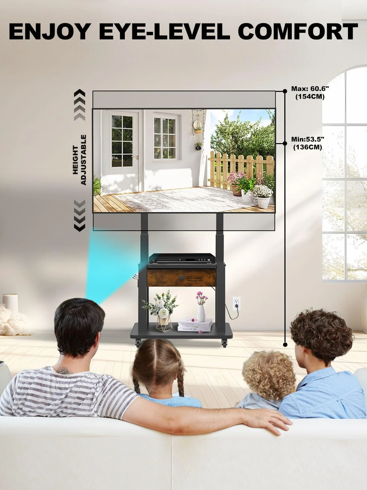 Rolling TV Stand with Power Outlet and Fabric Drawer for 32-75 Inch Flat/Curved Screen up to 220lbs LCD/LED/OLED Adjustable Height Mobile TV Cart with Wheels for Home Office Max VESA 600x400mm