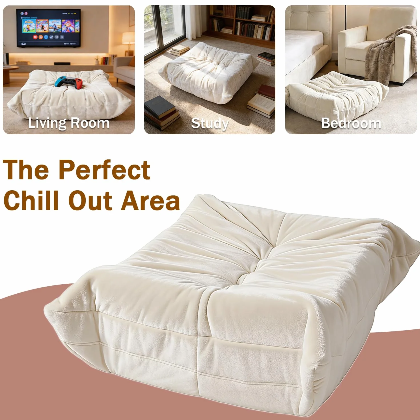 Trenda Extra Large Velvet Ottoman, 29.5 x 27.5 in Footrest, Beige | Togo chair with dual-layer foam, providing body-contouring support for reading, gaming, reclining and everyday lounging