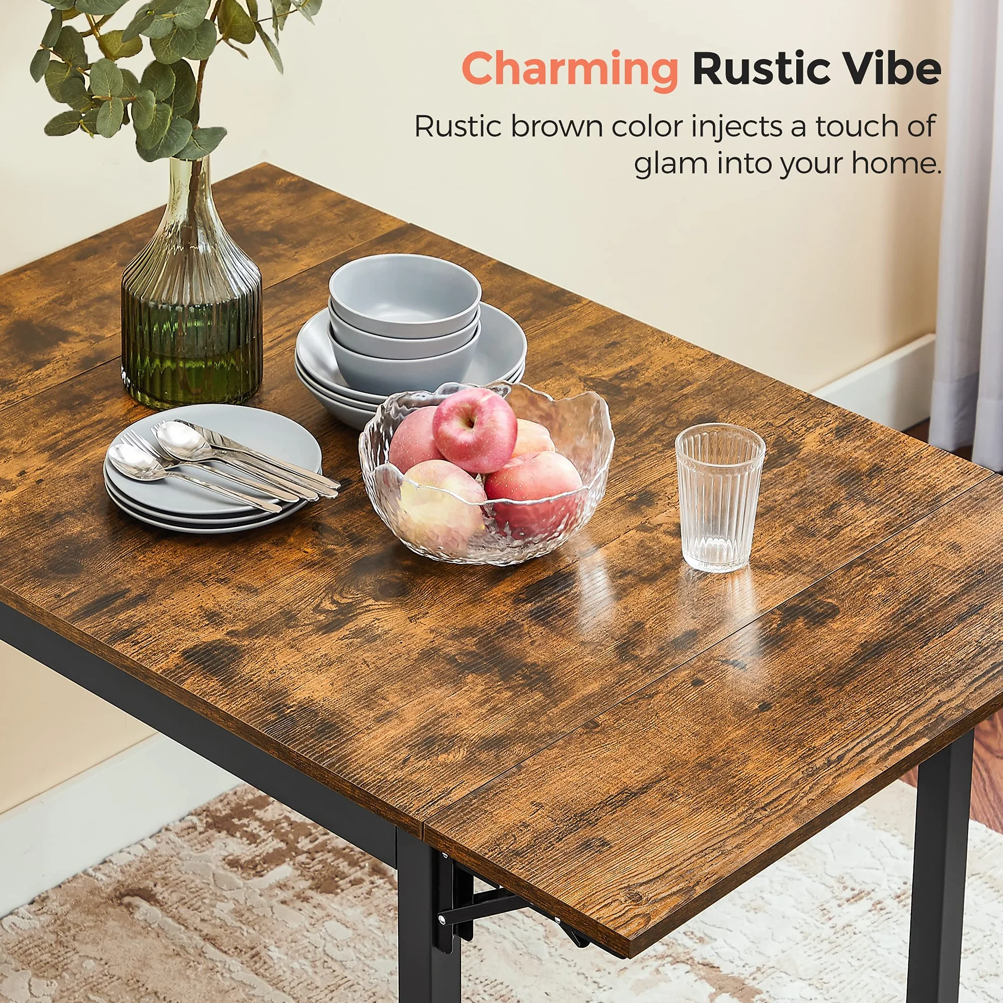 VASAGLE Folding Dining Table, Kitchen Table, Drop Leaf Extendable Table for Small Spaces, Seats 2-4 People, Industrial, Rustic Brown and Black UKDT077B01