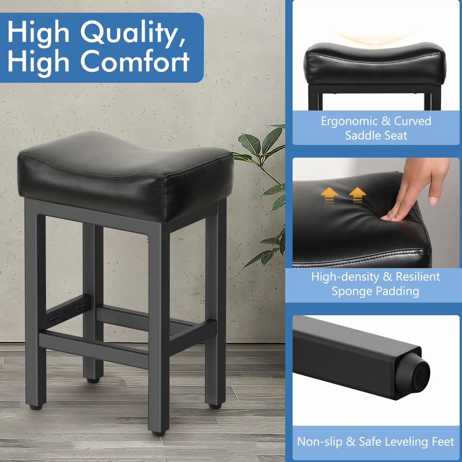 Raynesys 24 Inche Bonded Leather Counter Height Bar Stools Set of 2 Square | Barstools with Thick Bonded Leather Saddle Seats & Heavy Duty Metal Base for Kitchen Counter, Easy Assembly, All Black