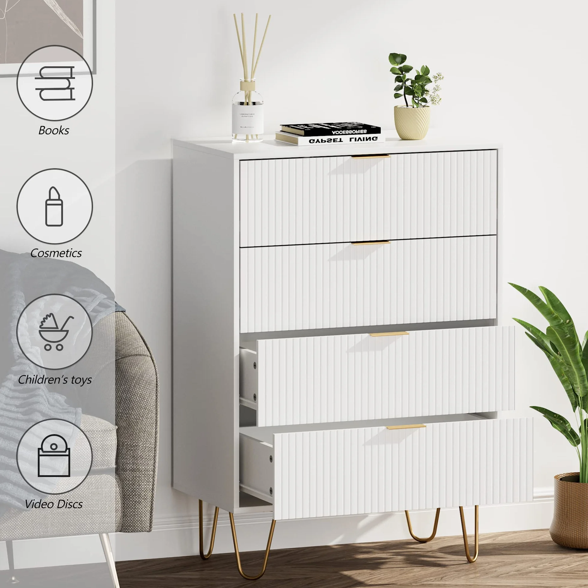 Masupu 4 Drawer Dresser, Drawer Chest, Tall Storage Chest Cabinet Organizer Unit with Metal Legs, Small Dresser for Bedroom, Living Room, Closet, Hallway White Stripe