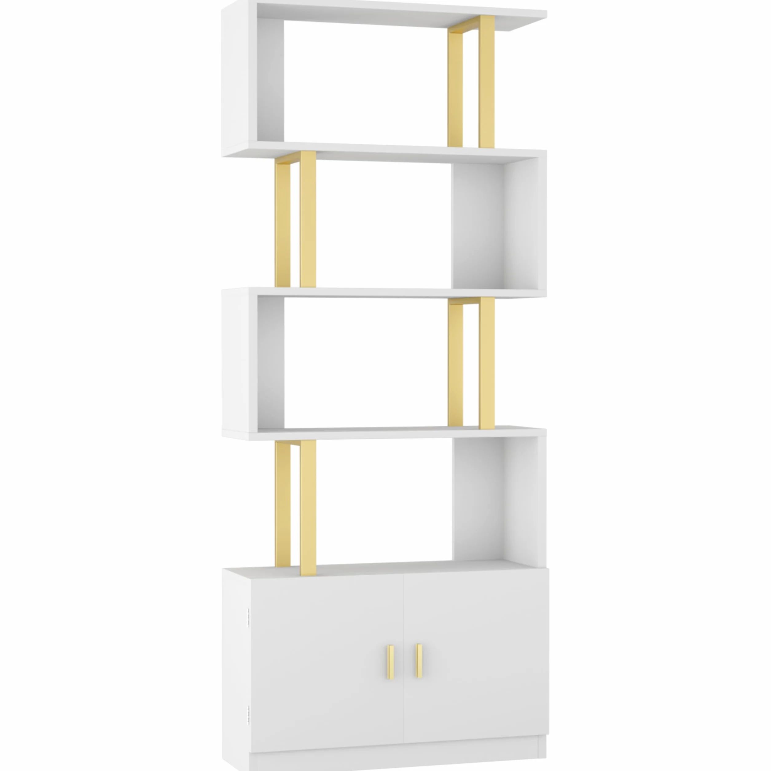 Yusong Geometric Bookcase with Cabinet, S Shaped Bookshelf 5-Tier Book Shelves for Bedroom, Modern Wood Decorative Display Shelf Tall Book Case for Home Office, Gold and White