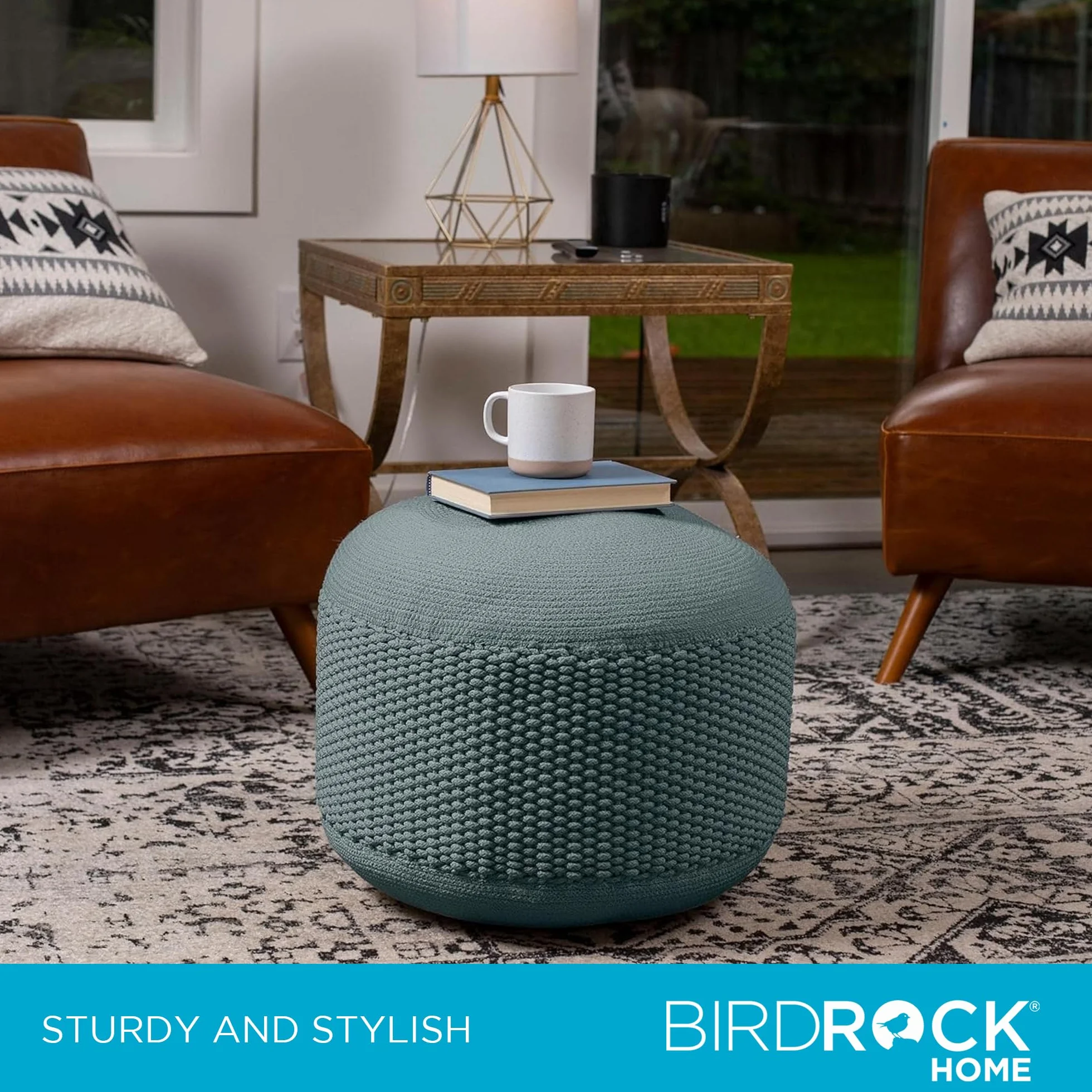 BIRDROCK HOME Outdoor Pouf Ottoman - Mist - Woven Indoor or Backyard Patio Use - Floor Footstool for Living Room- Knit Bean Bag - Oversized Padded Chair - Moroccan Foot Rest