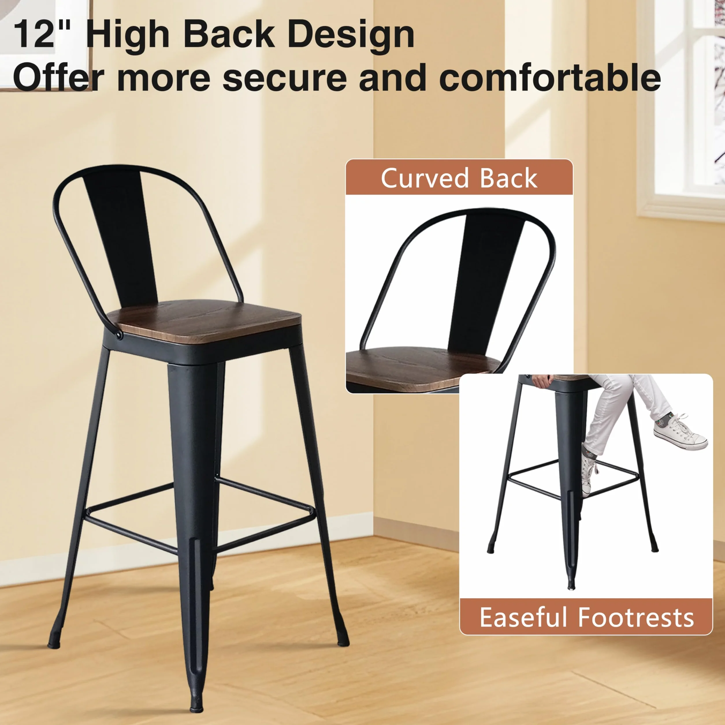 ALISH 24 Inch Bar Stools Set of 4, Industrial Counter Height Barstools High Back Metal Bar Stools with Large Wood Seat Bar Chairs for Kitchen Island (24 Inch Set of 4, Black)