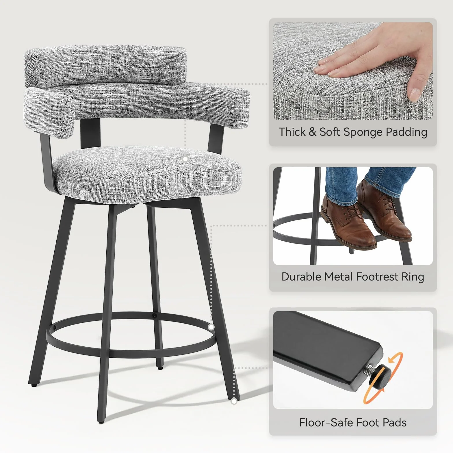 Counter Height Bar Stools with Full Back – Swivel Counter Stools Set of 2 with Linen Padded Back, Metal Footrest, Modern Barstools for Kitchen Counter, Island, Dining Room, Grey 24 inch