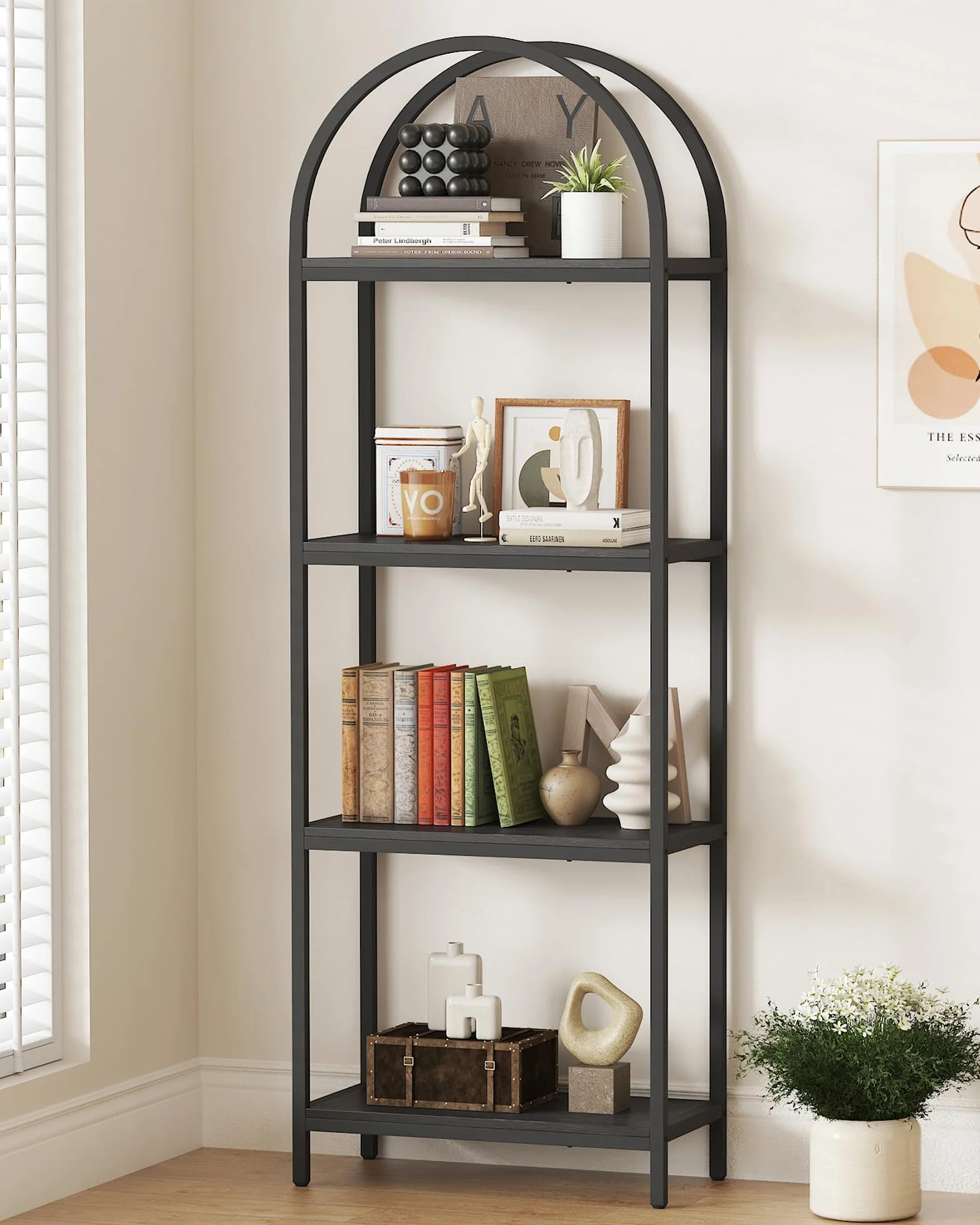 Yusong Bookshelf 4 Tier Arched Bookcase, 71.3" Tall Industrial Open Book Shelves for Living Room, Modern Freestanding Display Shelving Unit Storage Rack with Metal Frame, Office, Bedroom, Black