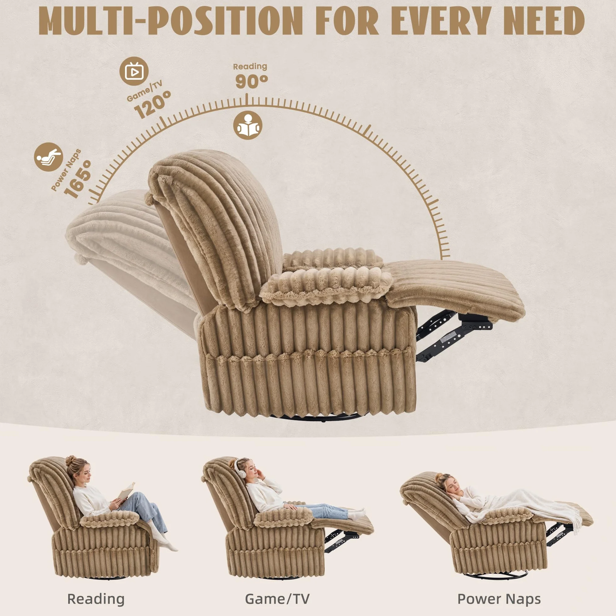 GRAINELL Oversized 40" Swivel Recliner Nursery Rocking Chairs, Khaki | Wide Stripe Fabric Glider Recliner for Adults Living Room Chairs with with Adjustable Armrests & 360° Rotation