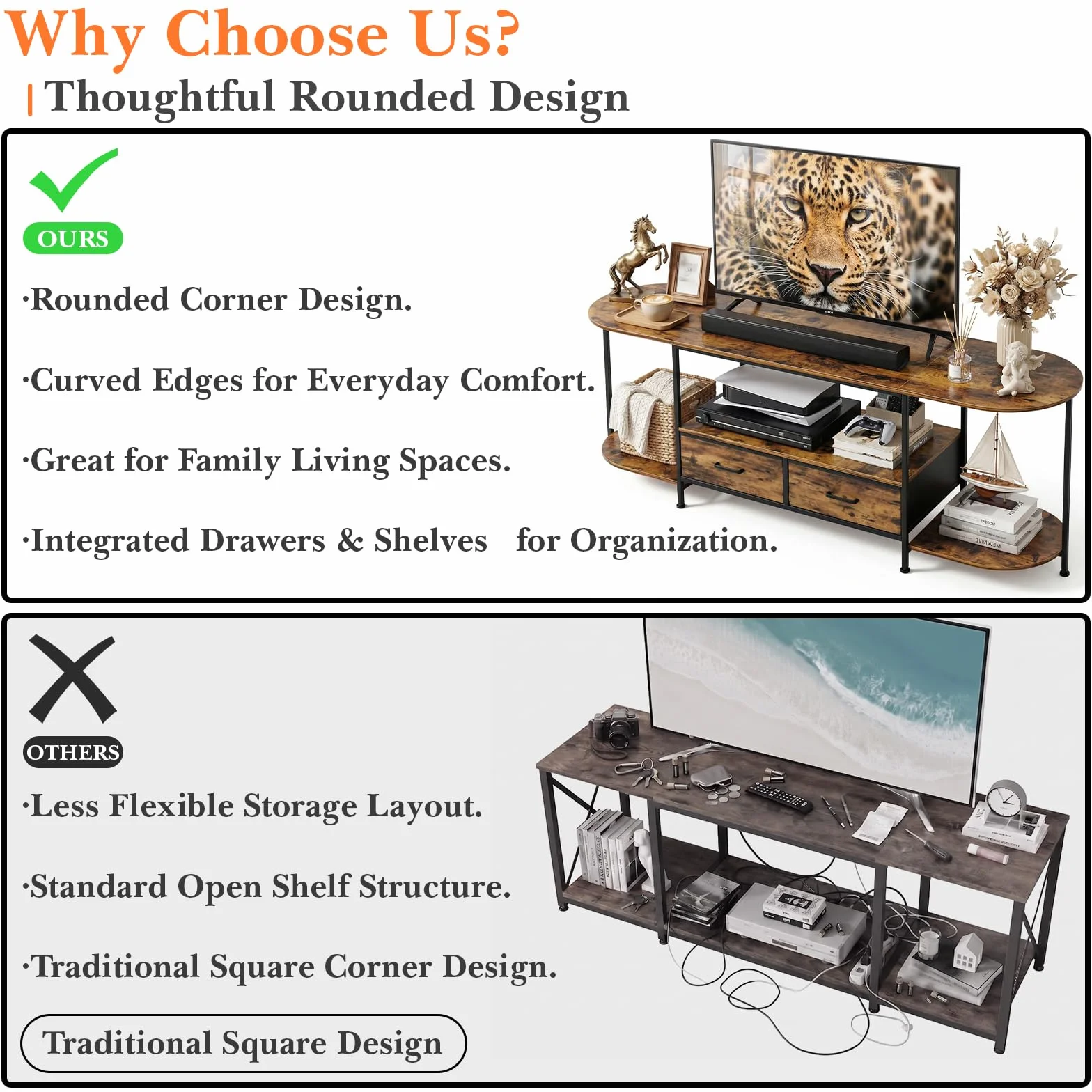 Faesun 63" TV Stand for TVs up to 75 Inches, Curved Edge Media Console & Entertainment Center with 2 Fabric Drawers, Modern TV Console Table for Living Room or Bedroom, Rustic Brown
