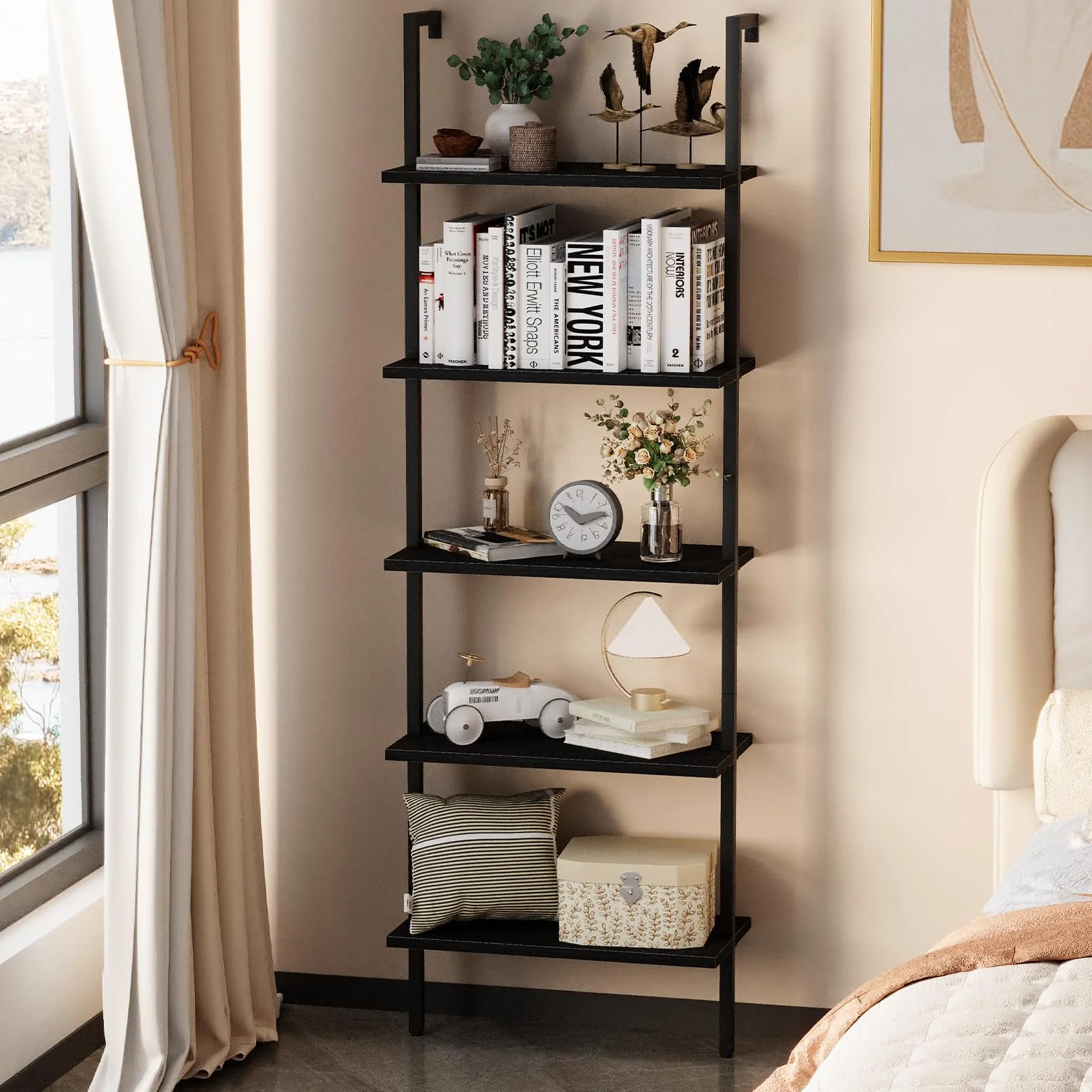 aboxoo Ladder Shelf 2PCS Open Bookshelf 5-Tier Wood Wall-Mounted Black Bookcase Storage Rack Open Industrial Modern Plant Stand Utility Organizer Bookcase Metal Frame Furniture Office Kitchen Bedroom