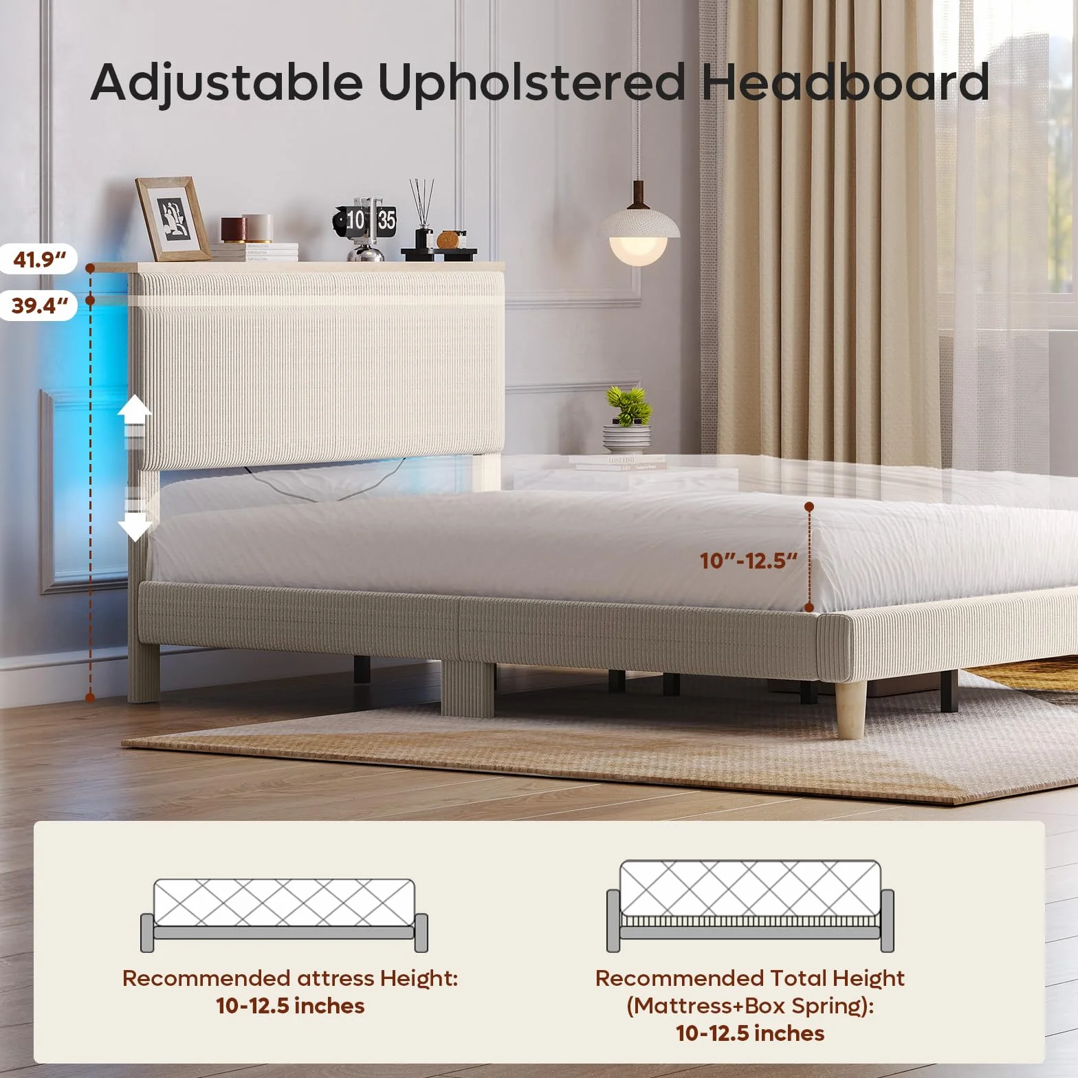 Bestier Queen Bed Frame with Storage Headboard & LED, Upholstered, Beige | Corduroy, Upholstered Platform, Storage Headboard Shelf, RGB LED Remote, Wood Slats, No Box Spring, Anti-Squeak, Easy Setup