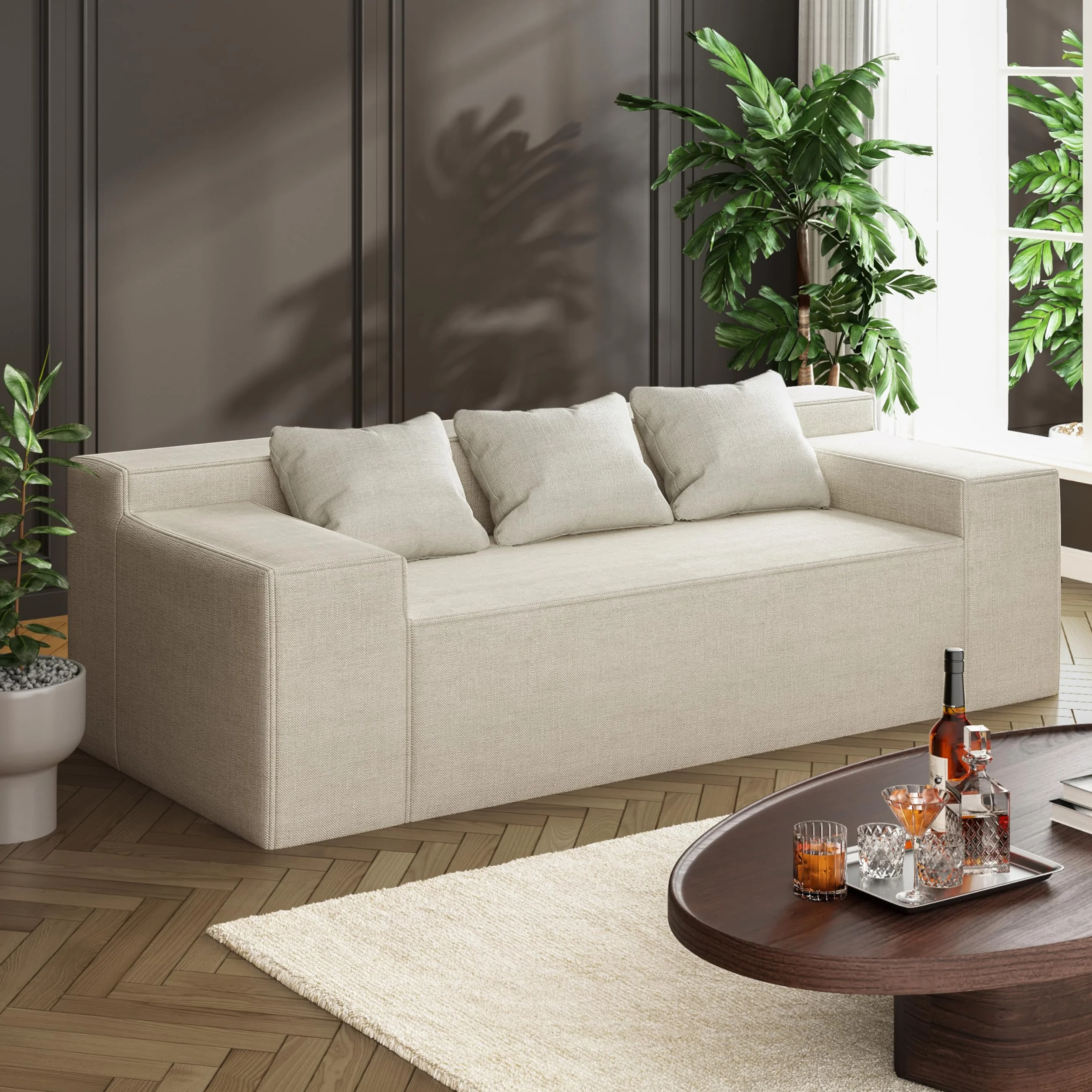 Modern 3-Seater Sofa, Hybrid Sofa in a Box, No Assembly Required, Comfy Sofa Couch with 3 Matching Pillows, Cat-Scratch Resistant Linen, Couch for Living Room or Bedroom, Beige
