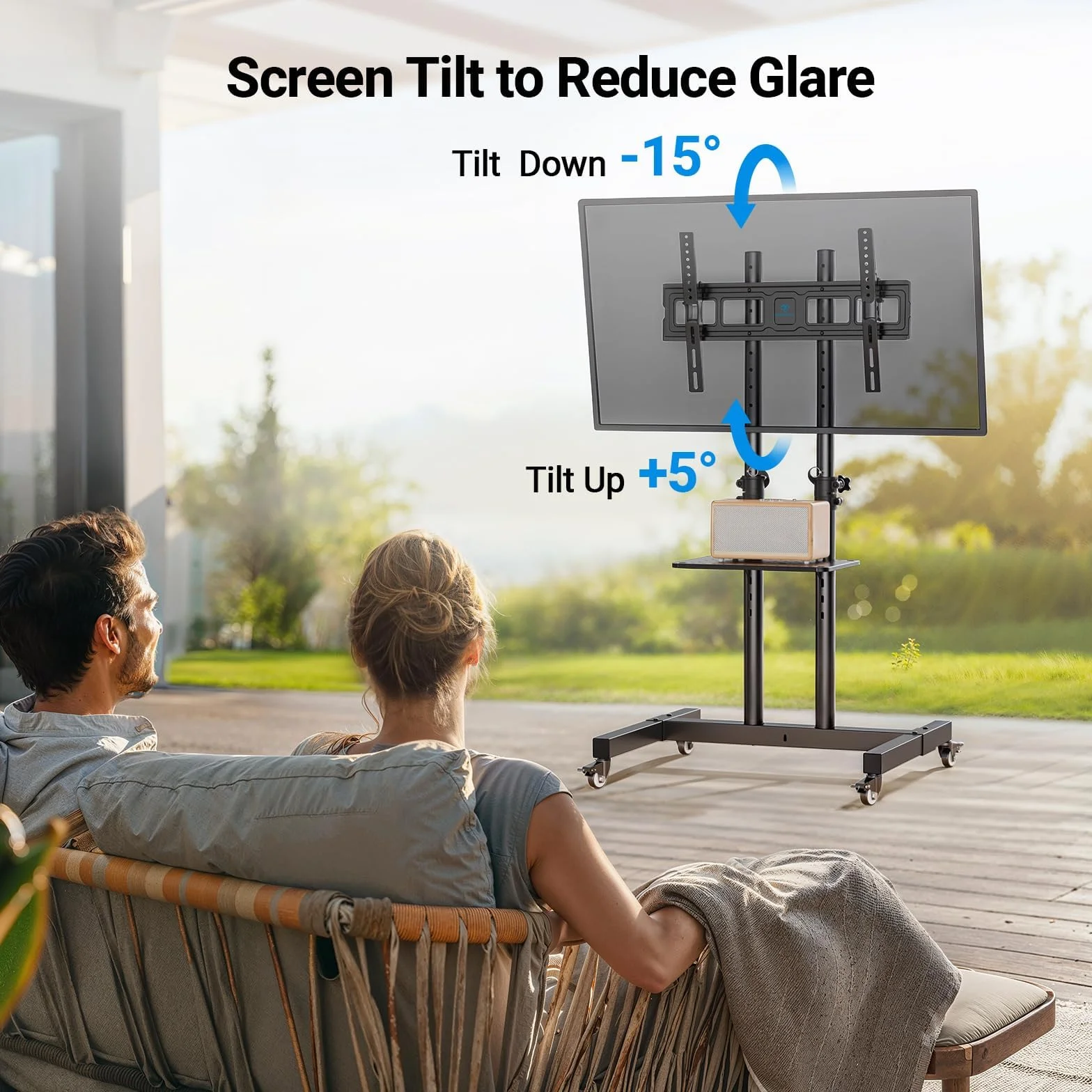 PERLESMITH Rolling TV Stand on Wheels for 32-83 Inch Screens up to 110lbs, Mobile TV Cart Height Adjustable Portable Outdoor TV Stand Tilt Rolling TV Cart with Shelf Max VESA 600x400mm PSTVMC03