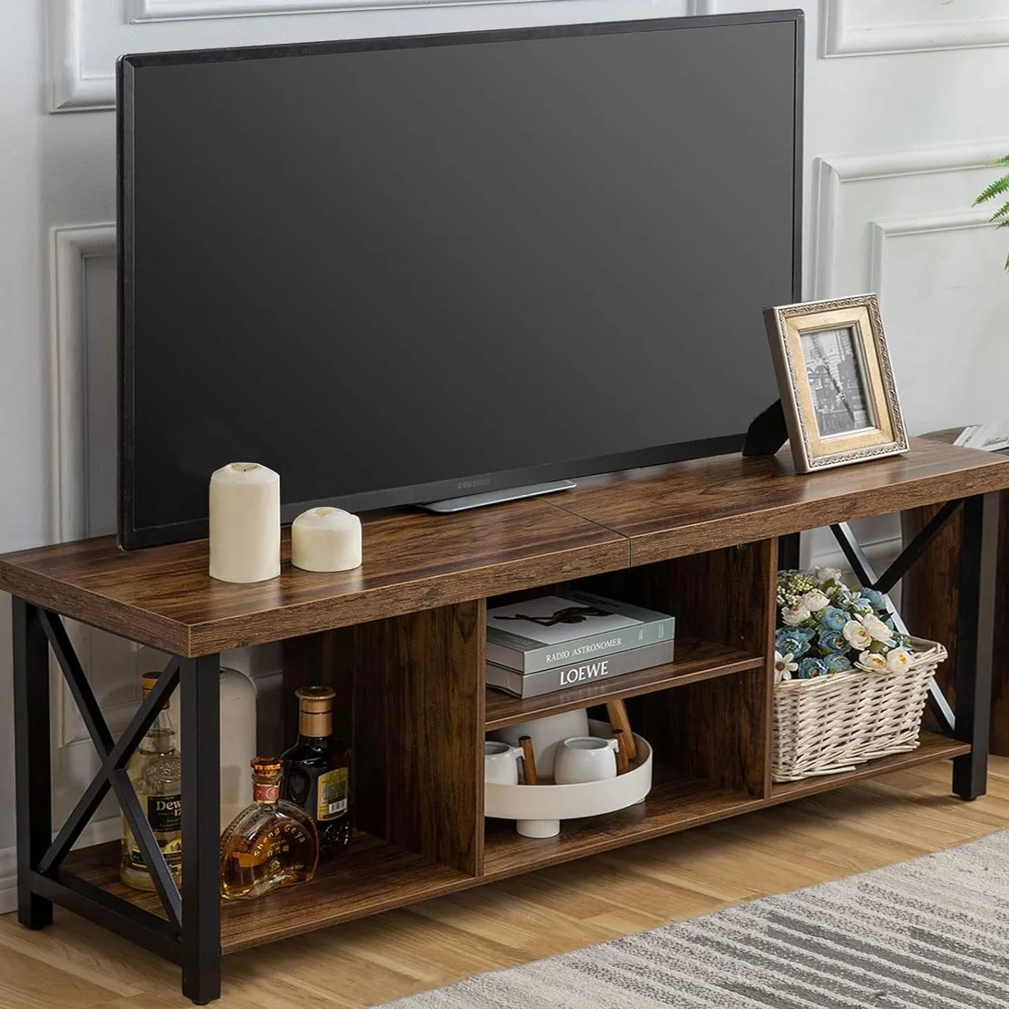 TV Stand for TV up to 65 Inches, TV Cabinet with Open Storage, TV Console Unit with Shelving for Living Room, Entertainment Room, Rustic Brown