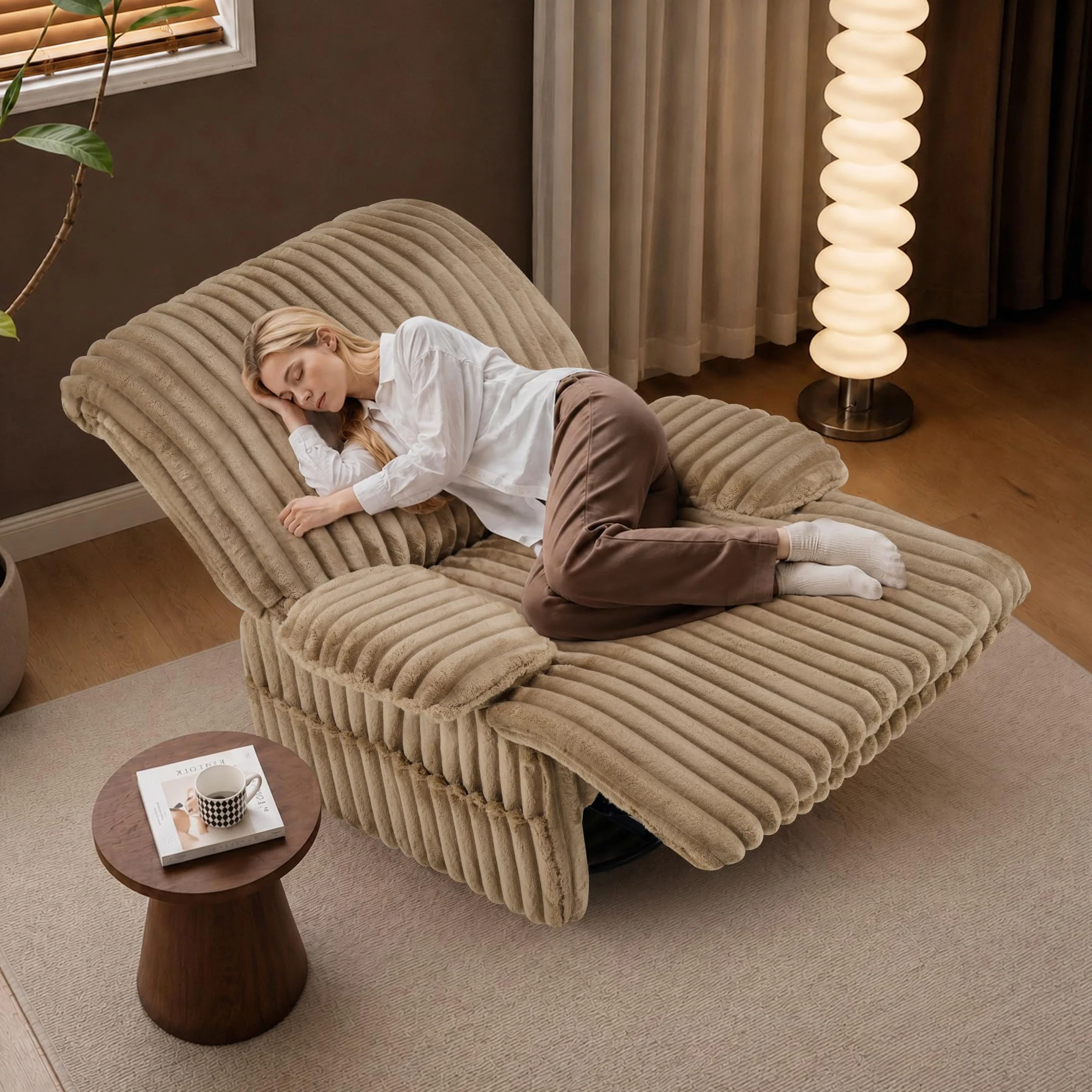 GRAINELL Oversized 40" Swivel Recliner Nursery Rocking Chairs, Khaki | Wide Stripe Fabric Glider Recliner for Adults Living Room Chairs with with Adjustable Armrests & 360° Rotation
