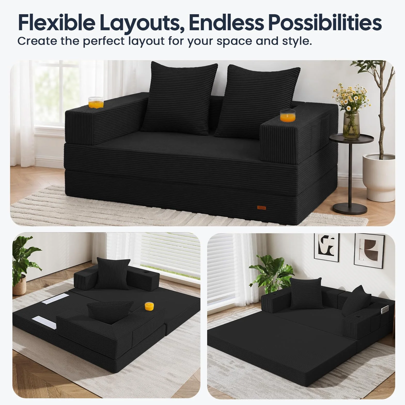 COMAX Futon Sofa Bed, Convertible Sofa Bed, Folding Boneless Couches | Low-Profile Boneless Couch for Living Room, 11.8" H Low Seat Small 59" Foldable Floor Sleeper Mattress Lounge Space‑Saving