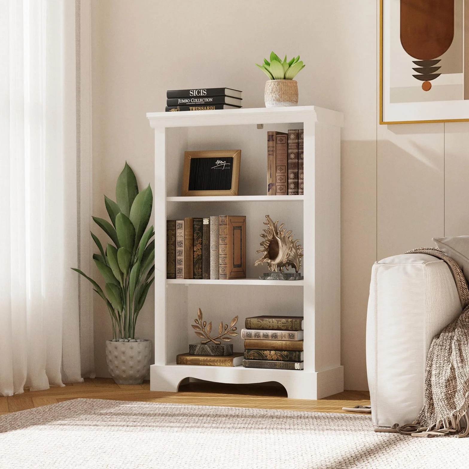 3-Tier Bookshelf, White Bookshelf with Adjustable Shelf, Wooden Bookshelf Open Storage, 9.8" D x 24.6" W x 38" H, Small Bookcase for Study Room, Living Room, Home Office, Bedroom (White)