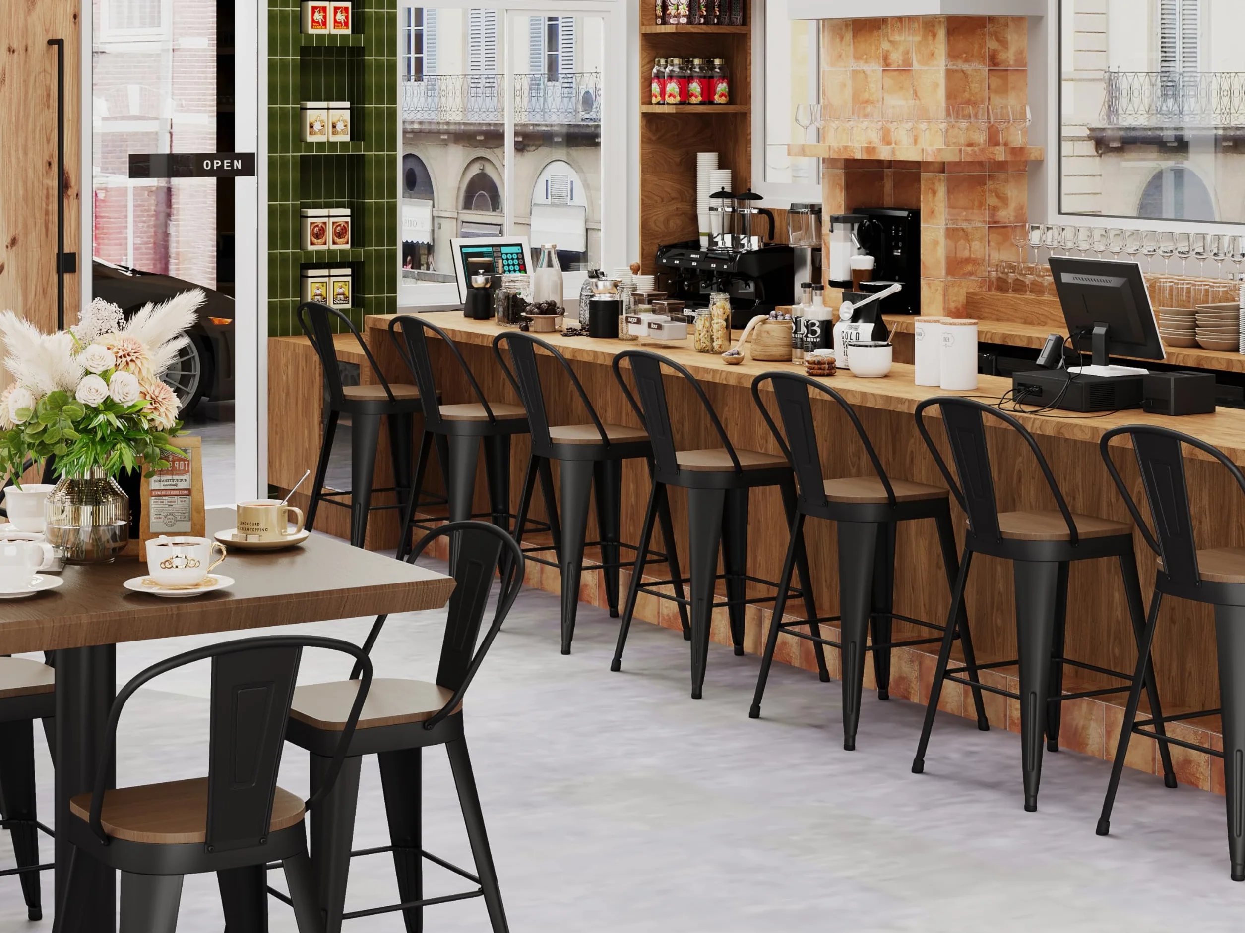 Metal Bar Stools Set of 4, 24" Counter Height with Backs, Black | Matte black metal frame barstools, Modern farmhouse high-back bar chairs, Larger seat for kitchen and dining islands
