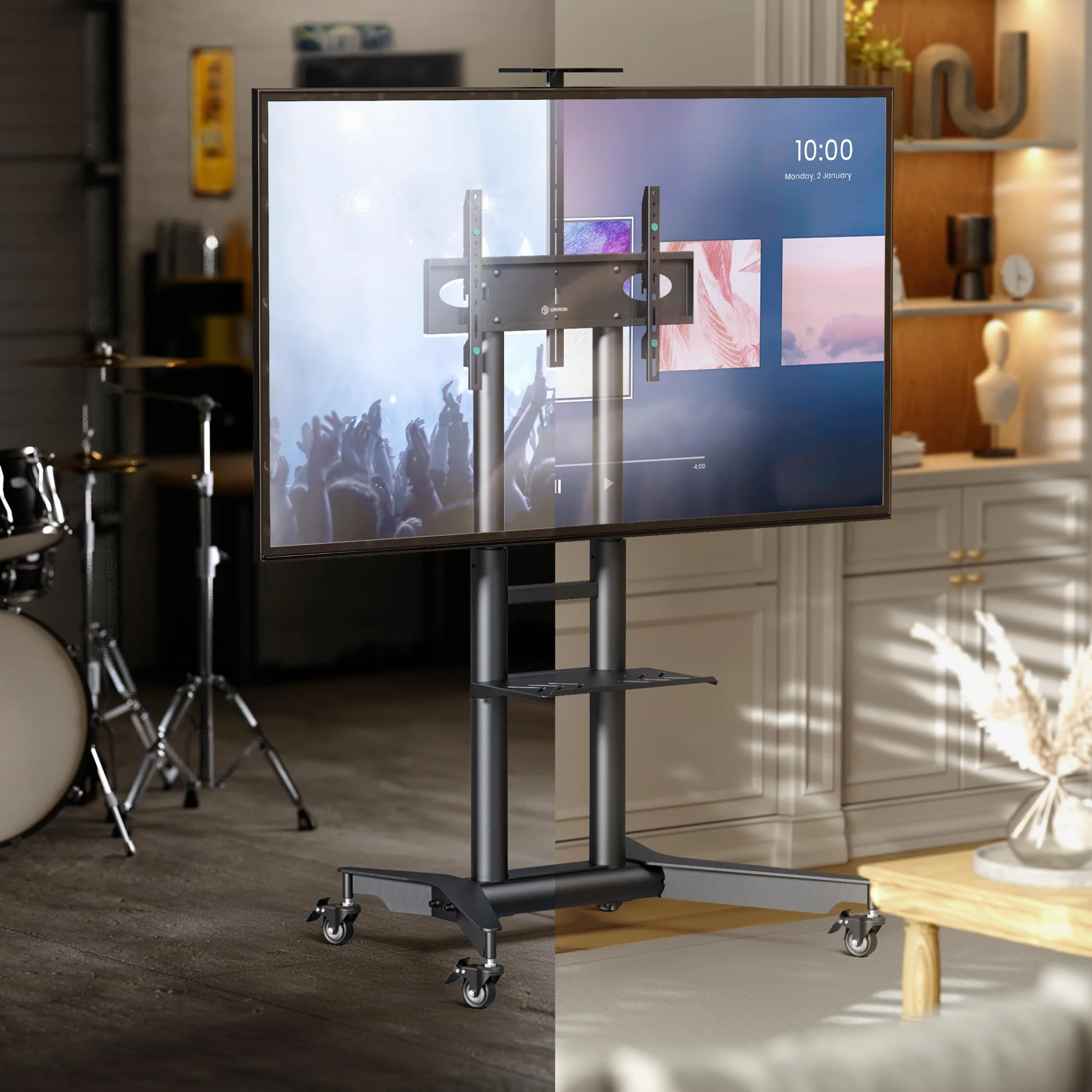 ONKRON Mobile TV Stand 32-75 Inch, up to 110 lbs, max VESA 600x400, Black | TV rolling cart height adjustable 39.3"-57.6", AV & webcam shelves, locking wheels; for home, office & meeting rooms