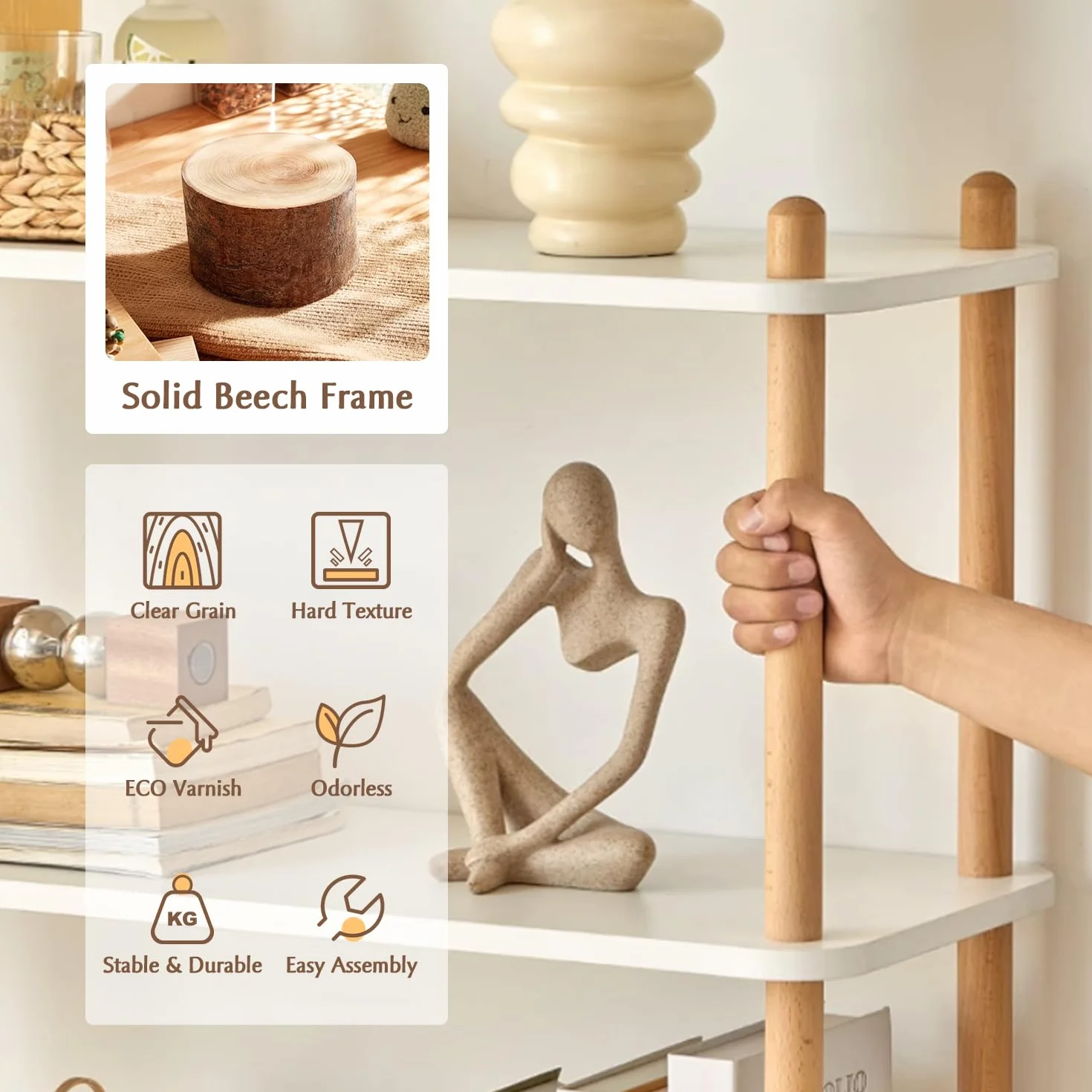 IOTXY 4-Tier Wooden Shelf Bookcase, Freestanding Open Bookshelf, Oak | Beech Wood Frame, 0.63" Shelves, Display Storage for Books, Plants, Decor, Living Room, Bedroom, Home Office