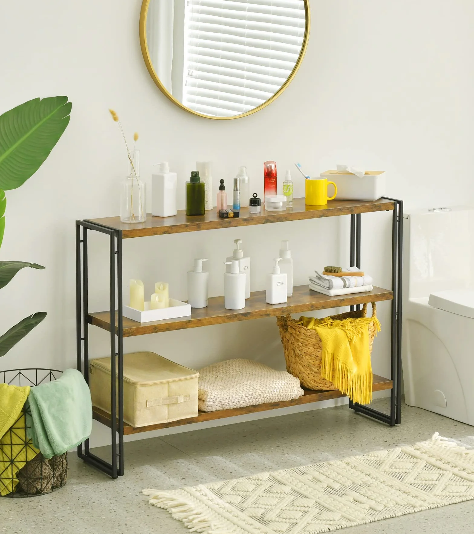 HCHQHS 3-Tier Rustic Wood and Metal Industrial Bookcase - 40in, for Home Office, Bedroom, Kitchen, Bathroom