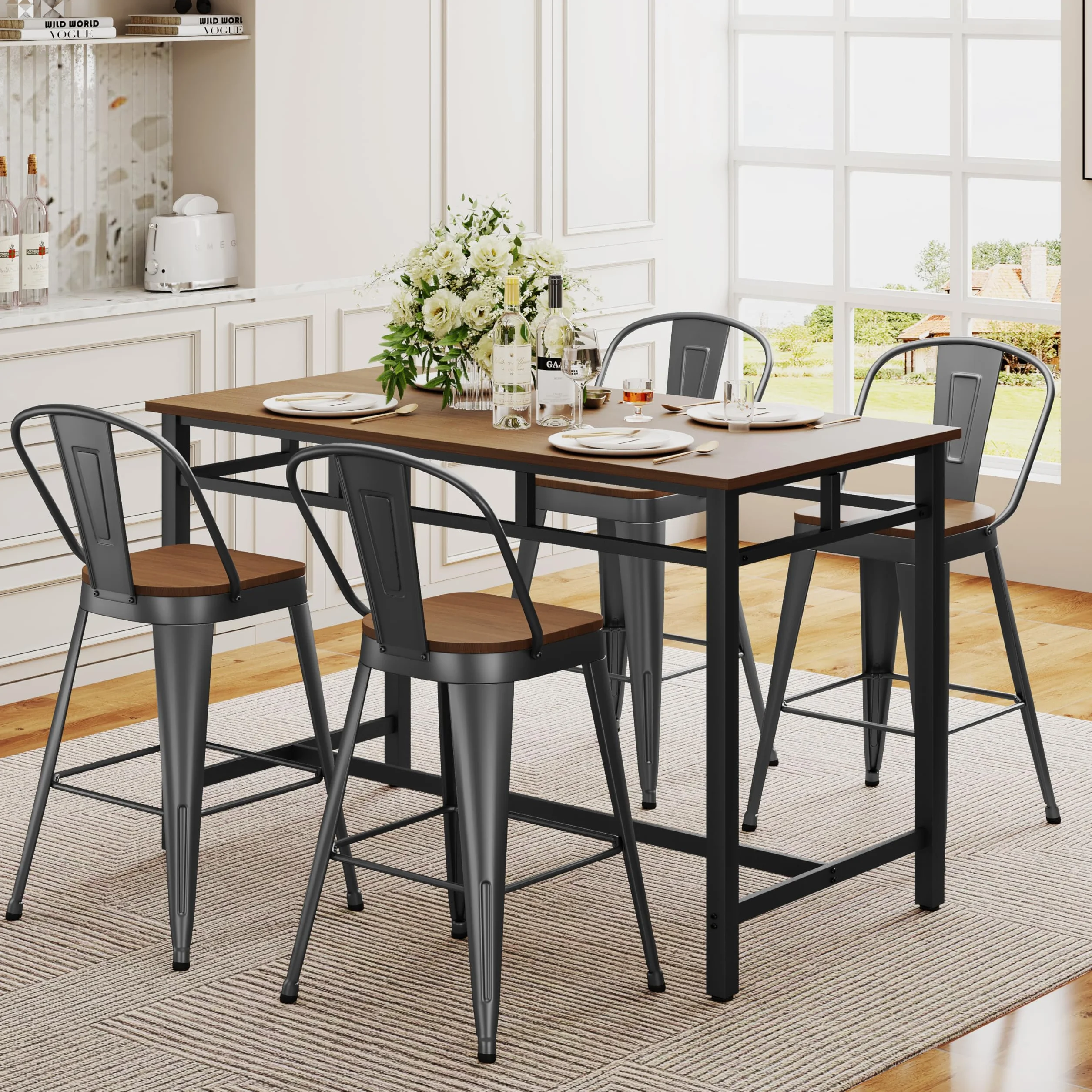 ALISH 24 Inch Bar Stools Set of 4, Industrial Counter Height Barstools High Back Metal Bar Stools with Large Wood Seat Bar Chairs for Kitchen Island (24 Inch Set of 4, Black)