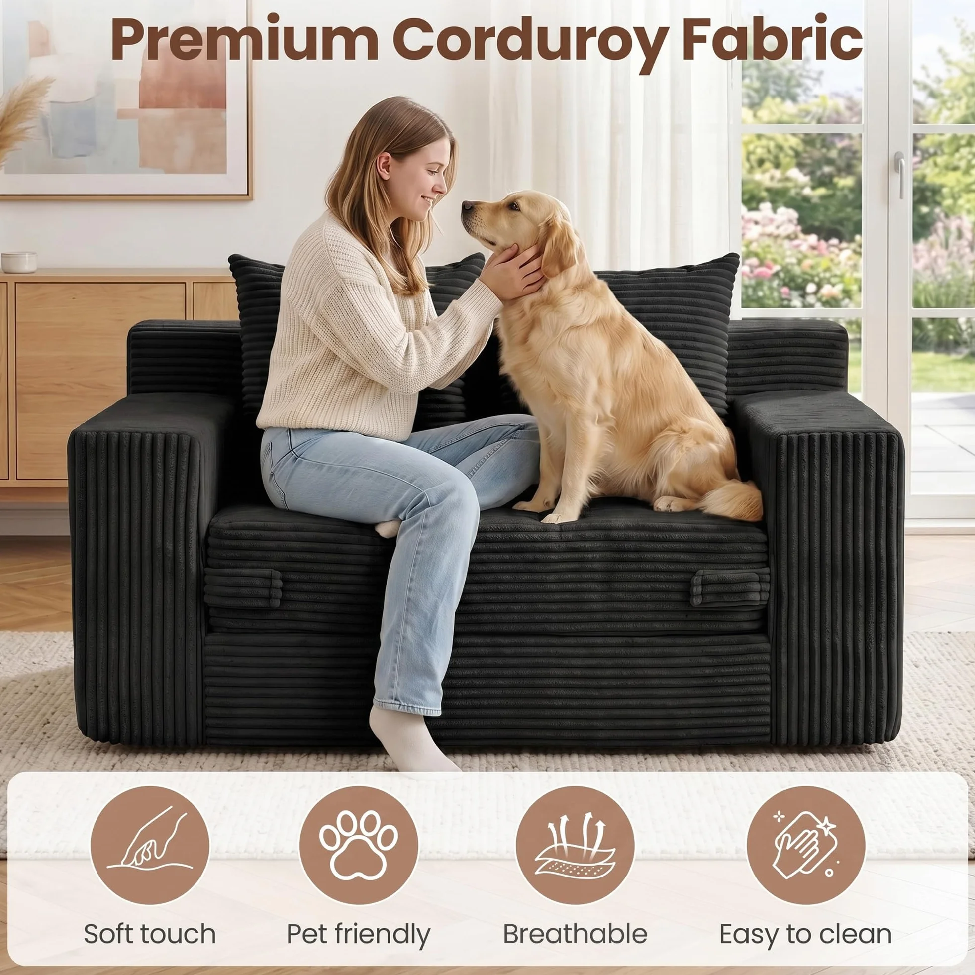 Boneless Mini Couch 53 Inch, 3-in-1 Black Boneless Couches Covertible Sofa Bed with 4 Pillows, Small Couches for Living Room, Bedroom, Small Space