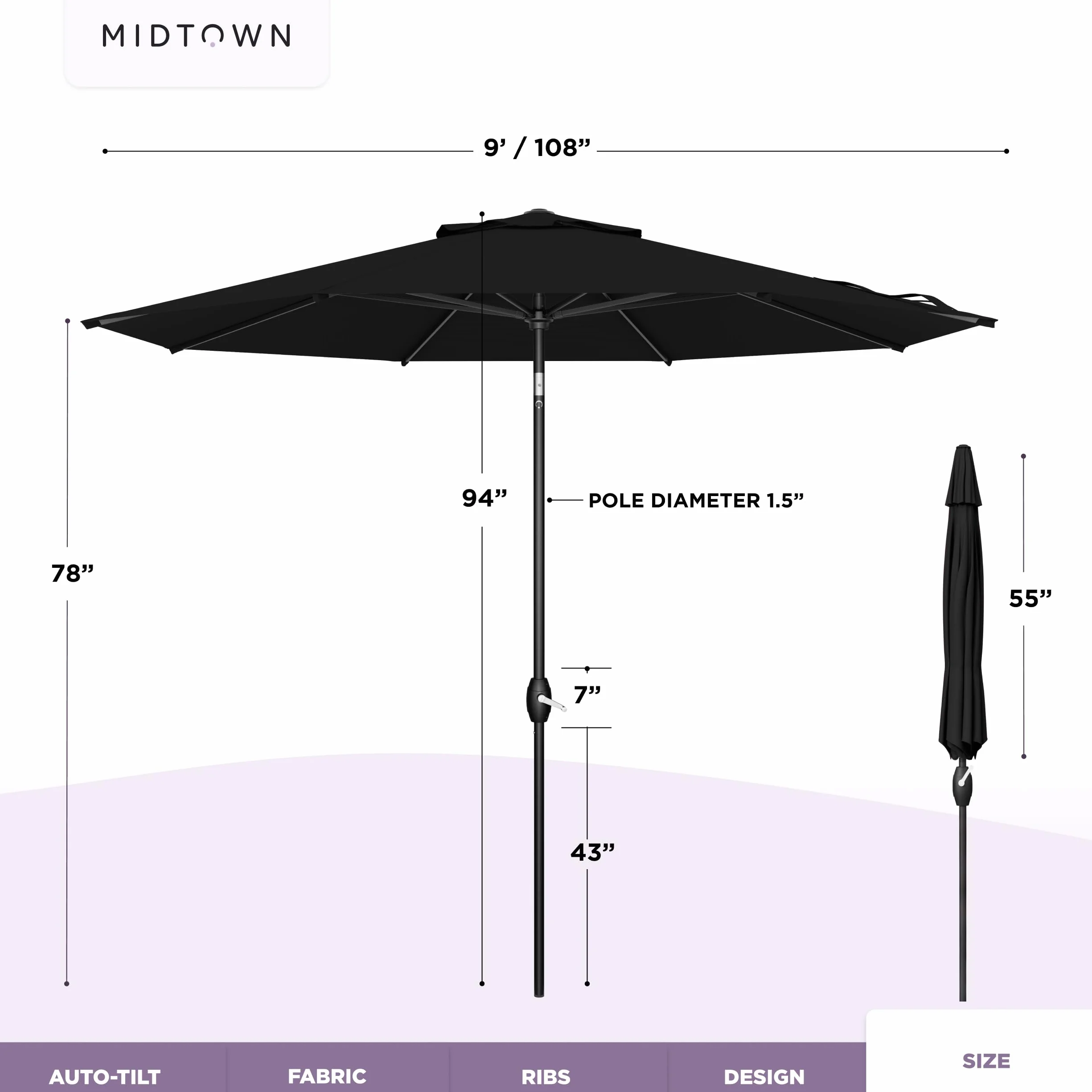 Midtown Umbrellas - 10-Year-No-Fade 9 Ft Patio Umbrella with Terylast Fabric, Auto-Tilt Aluminum Frame and 8 Reinforced Ribs for Deck, Pool, Garden & Beach - Ebony Black Canopy, Black Pole