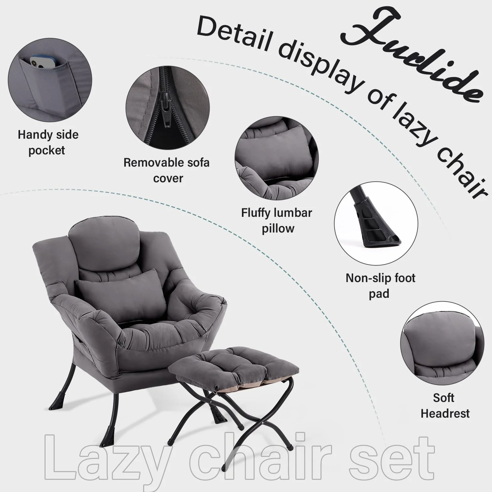 Furlide Lazy Chair with Ottoman, Comfy Fabric Accent Lounge Arm Chair with Lumbar Pillow and Folding Footrest, Reading Leisure Sofa Armchair for Bedroom, Living Room, Dorm,Dark Grey | Comfy Accent Lounge Chair with Pillow & folding Foot Stool, sturdy meta