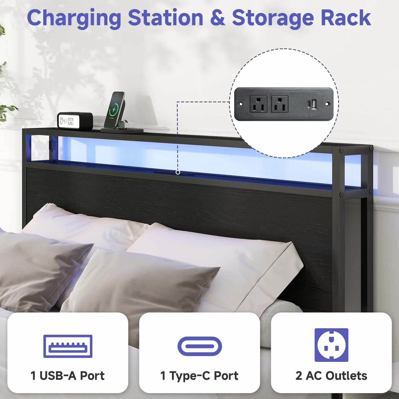 Zevemomo Queen Bed Frame with 4 Storage Drawers, No Noise, Black | Queen Size Bed Frame with Headboard, LED, Charging Station with USB Ports & AC Outlets, Sturdy Metal Slat Support