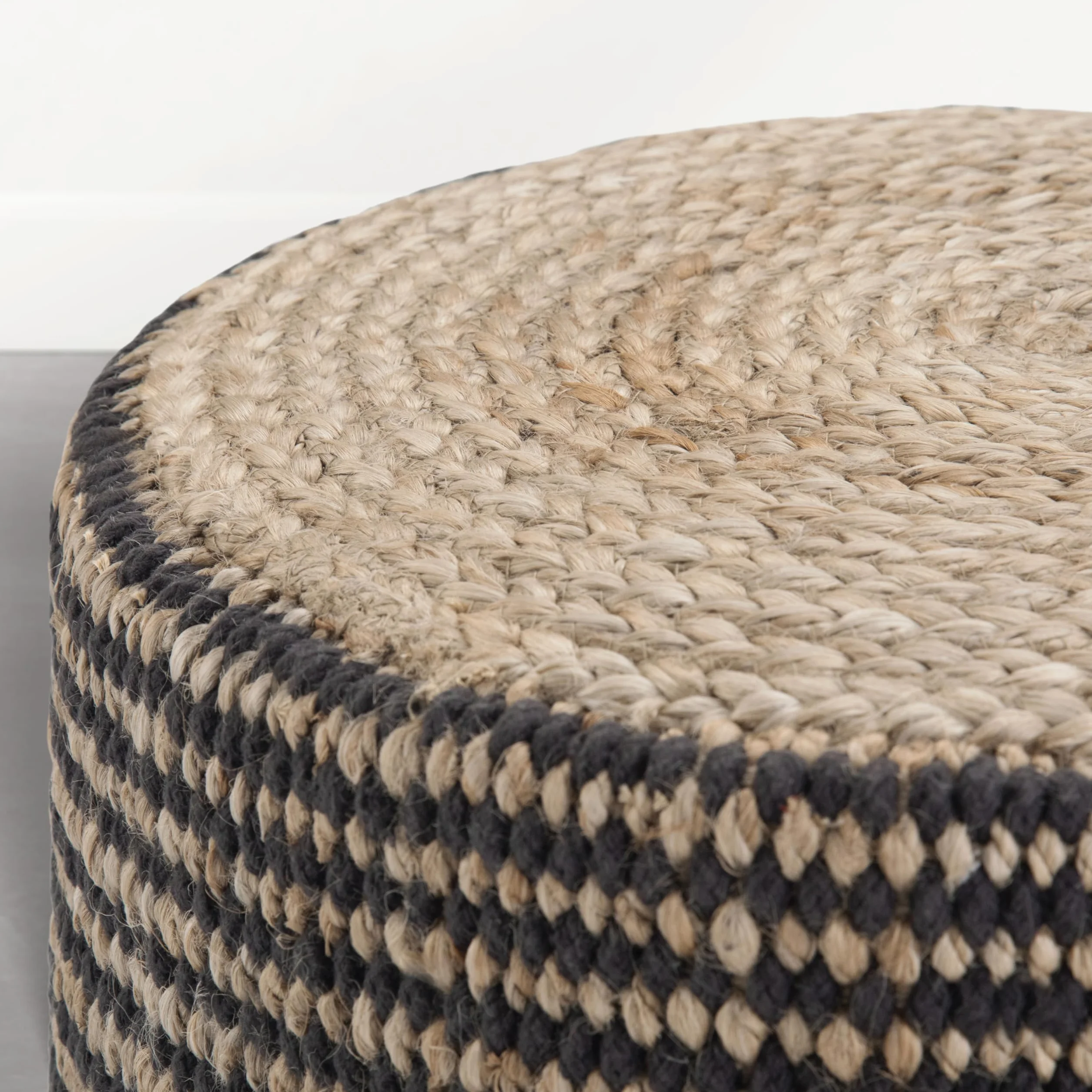 SIMPLIHOME Larissa Round Pouf - 18 inch Wide Hand Braided Jute Ottoman in Sandy Natural/Ebony, Boho Footstool or Extra Seating for Living Room or Kids Room with Polystyrene Bead Filling, Assembled
