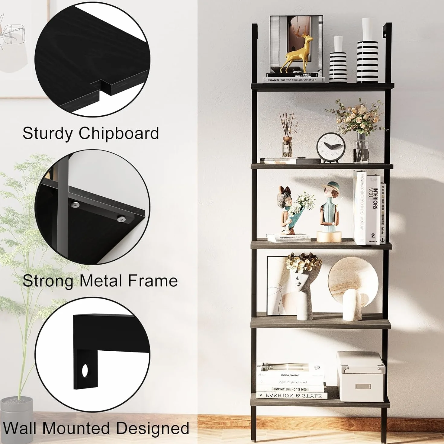 aboxoo Ladder Shelf 2PCS Open Bookshelf 5-Tier Wood Wall-Mounted Black Bookcase Storage Rack Open Industrial Modern Plant Stand Utility Organizer Bookcase Metal Frame Furniture Office Kitchen Bedroom
