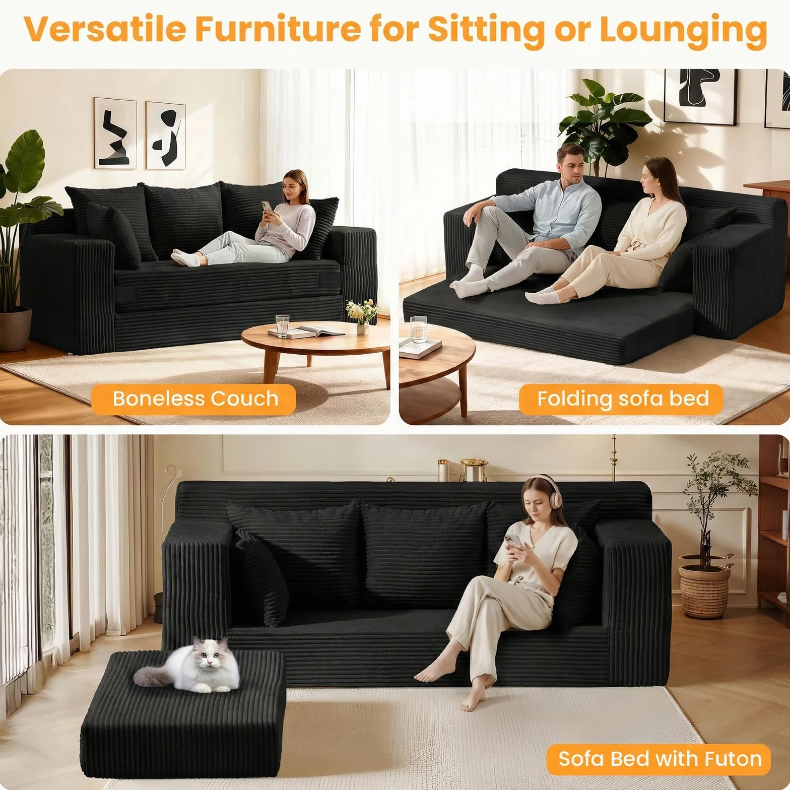 Convertible Sofa Bed, Pull Out 3 Seater Sleeper Sofa, 70" Black Boneless Couch Fold Out Floor Couch with 5 Pillows for Living Room Bedroom Lounge Small Space