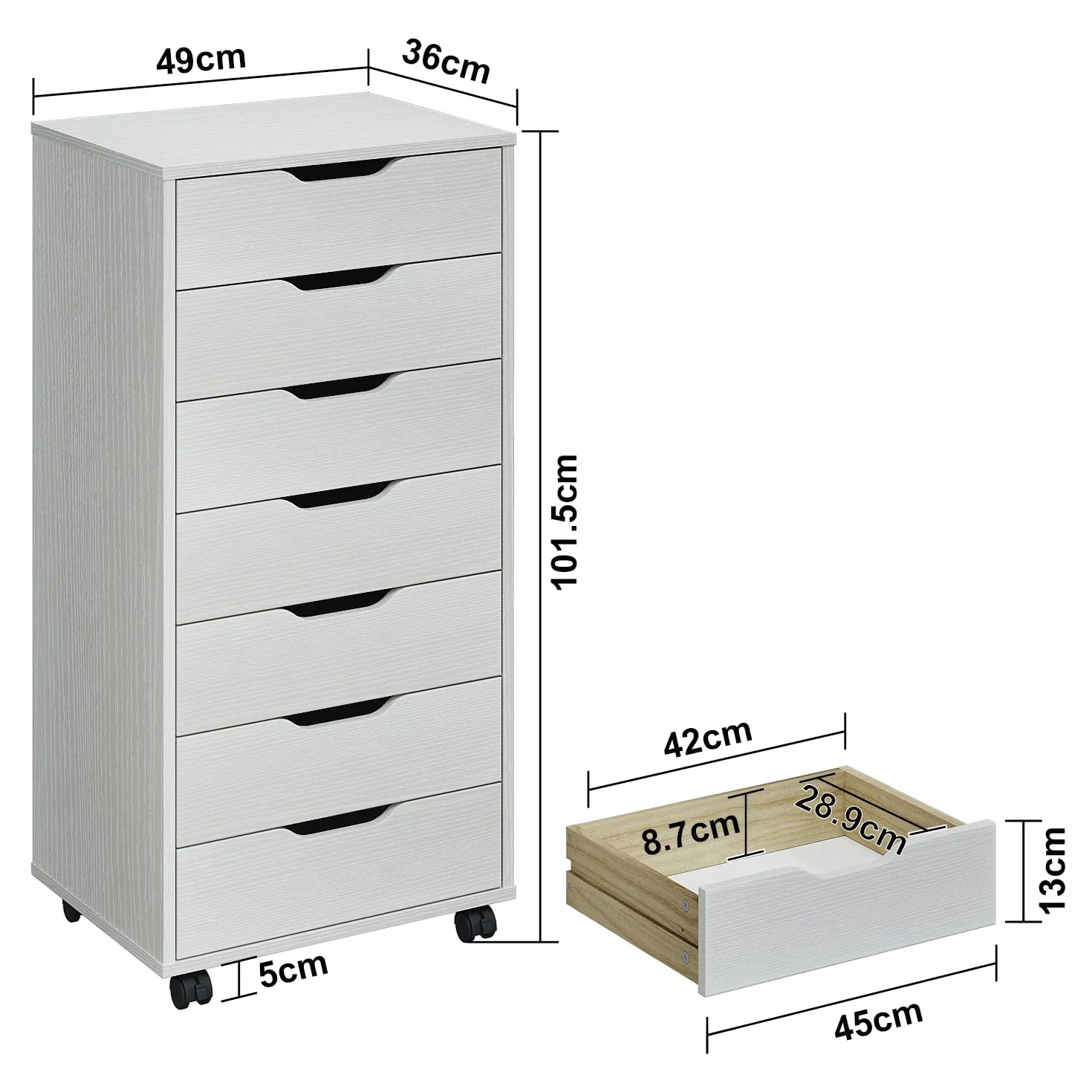 Panana 7 Drawer Mobile File Cabinet, Wooden Under Desk Storage with Wheels Office Organization Vertical Filing Chest of Drawers for Home Office (White)