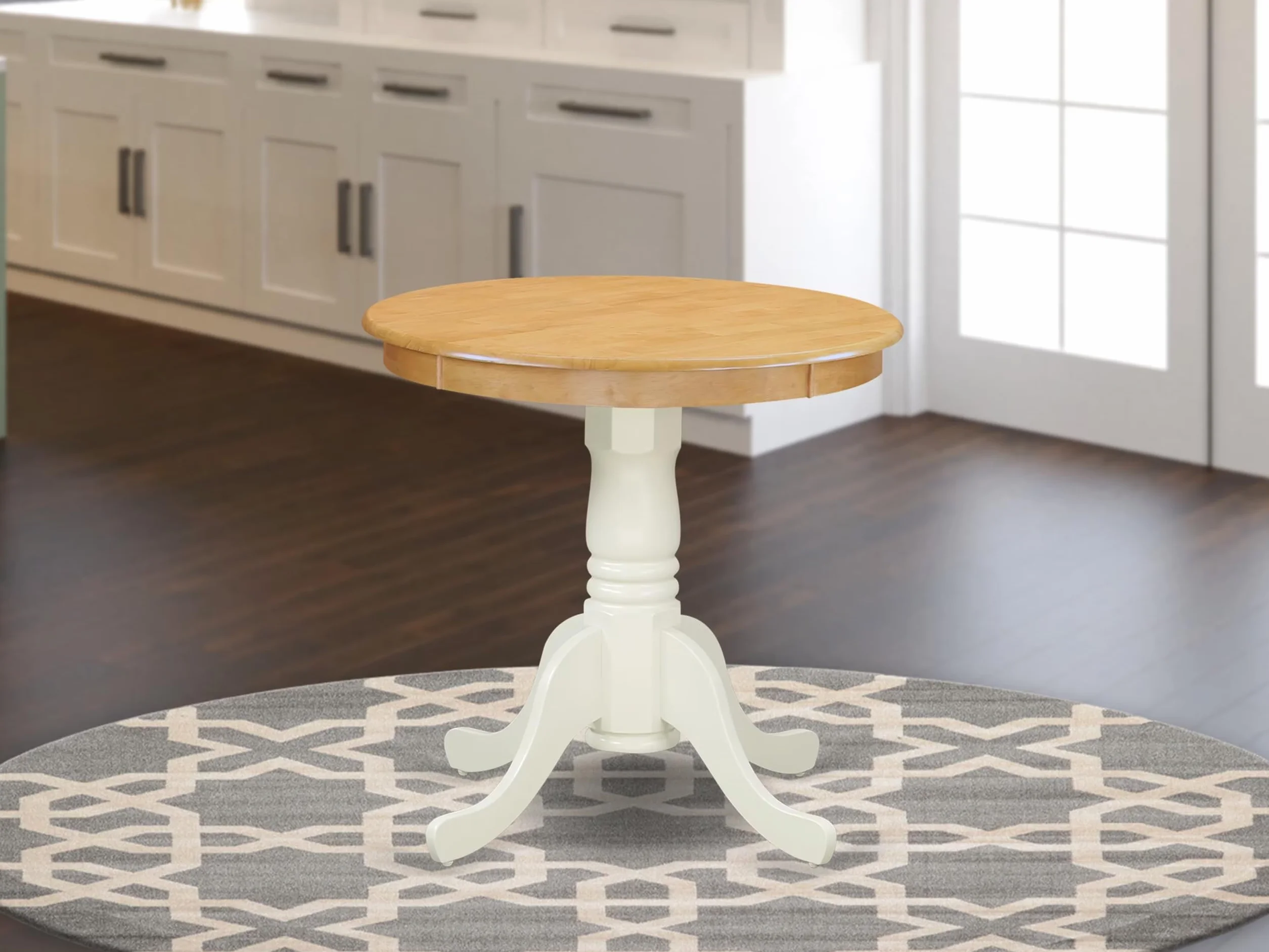 East West Furniture EMT-OLW-TP Eden Dining Room Table - a Round kitchen Table Top with Pedestal Base, 30x30 Inch, Oak & Linen White