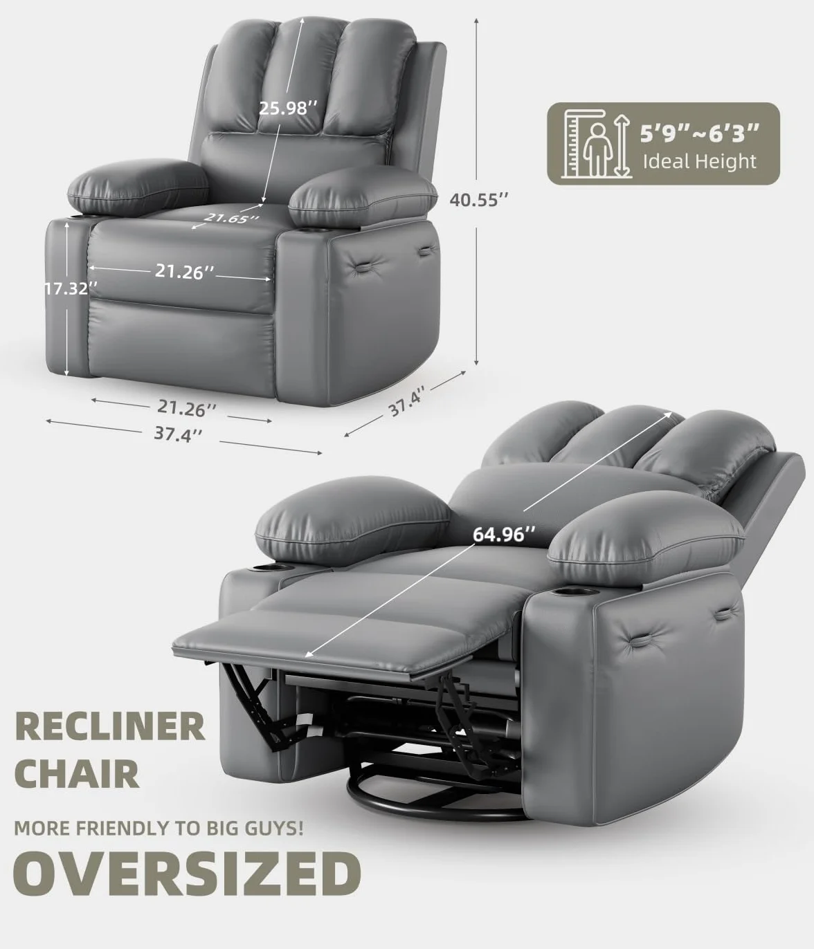 GarveeHome Oversized Recliner Chairs with Heat and Massage - 360° Swivel Lazy Recliner Chair for Adults- Manual Recliner Chair with Cup Holder for Living Rooms, Bedrooms and Nurseries - Grey