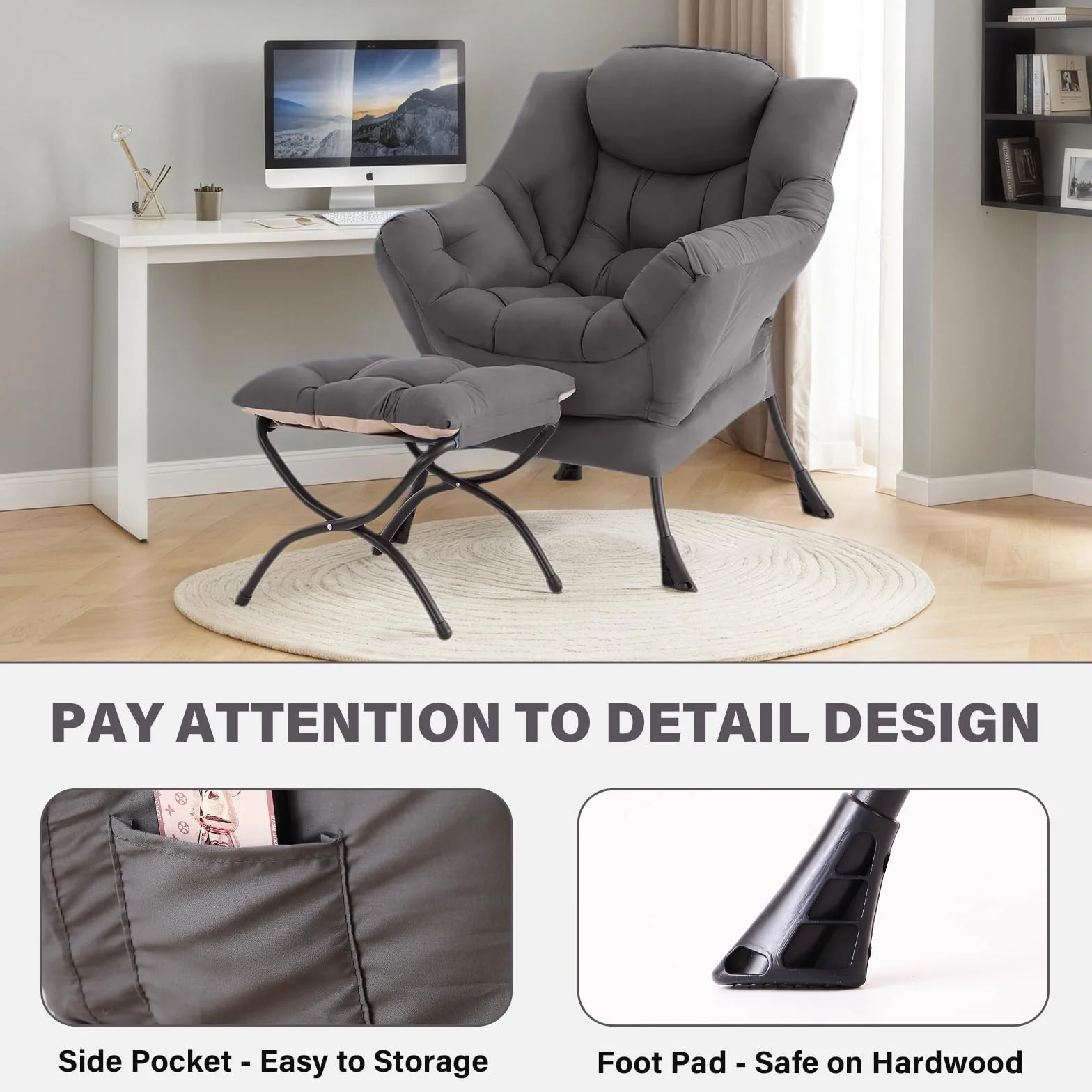 Lazy Chair with Ottoman, Comfy Reading Accent Chair, Dark Grey | Foldable Footrest, Padded Seat and Backrest, Side Pocket for Lounging in Living Rooms, Bedrooms, Dorms and Small Spaces