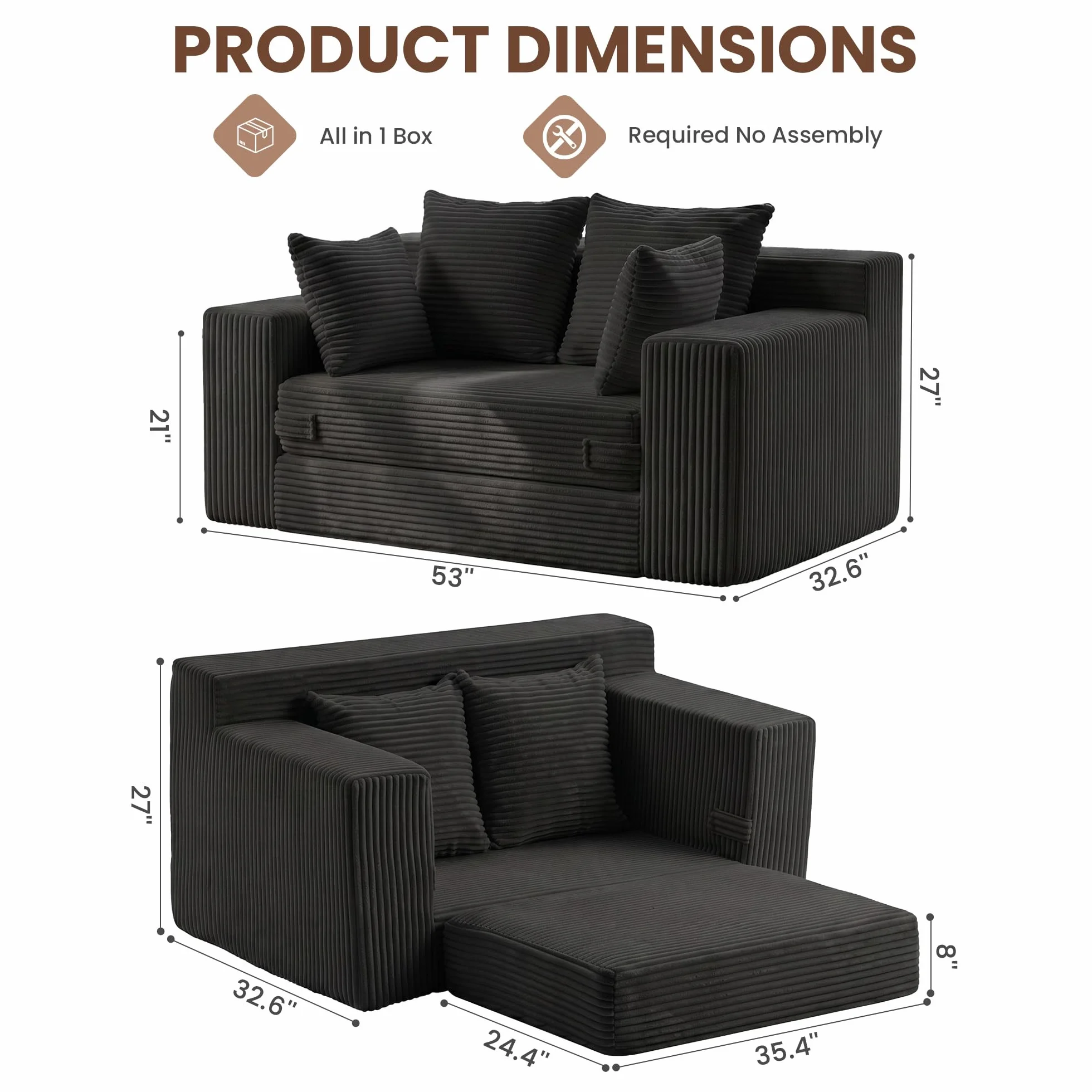 Boneless Mini Couch 53 Inch, 3-in-1 Black Boneless Couches Covertible Sofa Bed with 4 Pillows, Small Couches for Living Room, Bedroom, Small Space