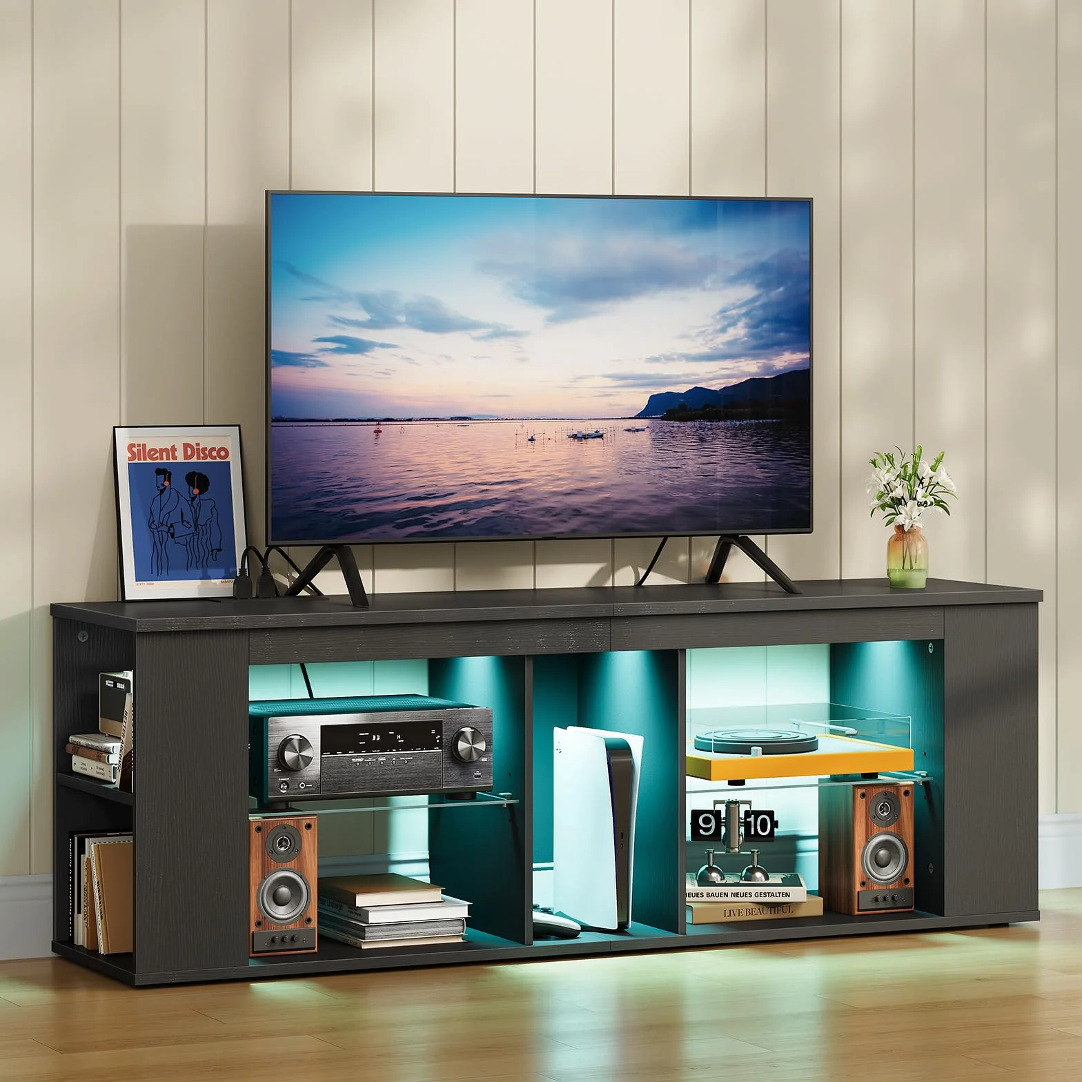 55" TV Stand for up to 65" TVs with RGB LED Lights, Built-in Power Outlet, Adjustable Glass Shelves & Open Storage, Modern Media Console for Living Room & Game Room, Black MDS05UDBB