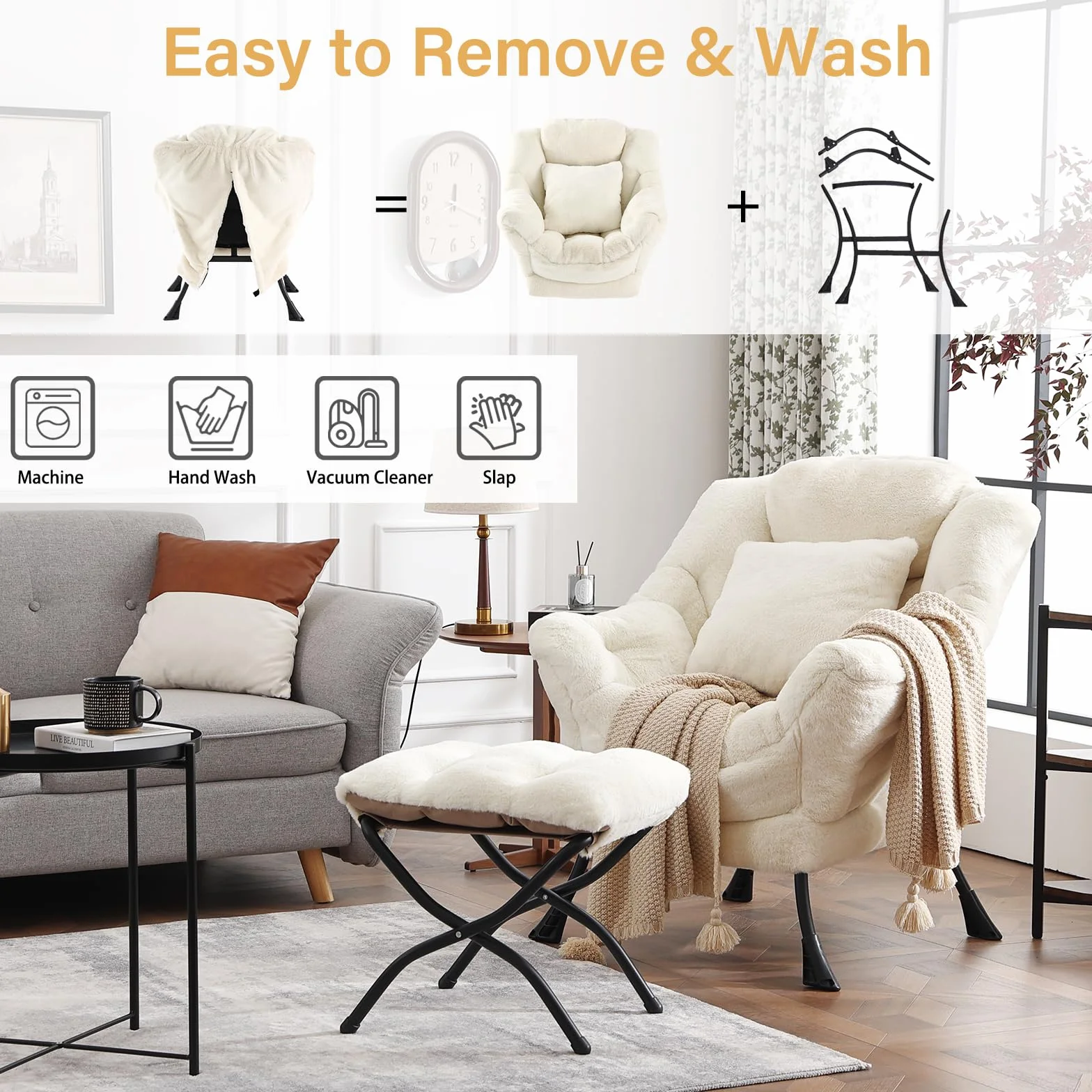 Lazy Chair with Ottoman, Plush Reading Chair with Pillow, Lvory | Removable machine-washable cover; includes an extra throw pillow; cozy accent chair for living room, bedroom, dorm or office