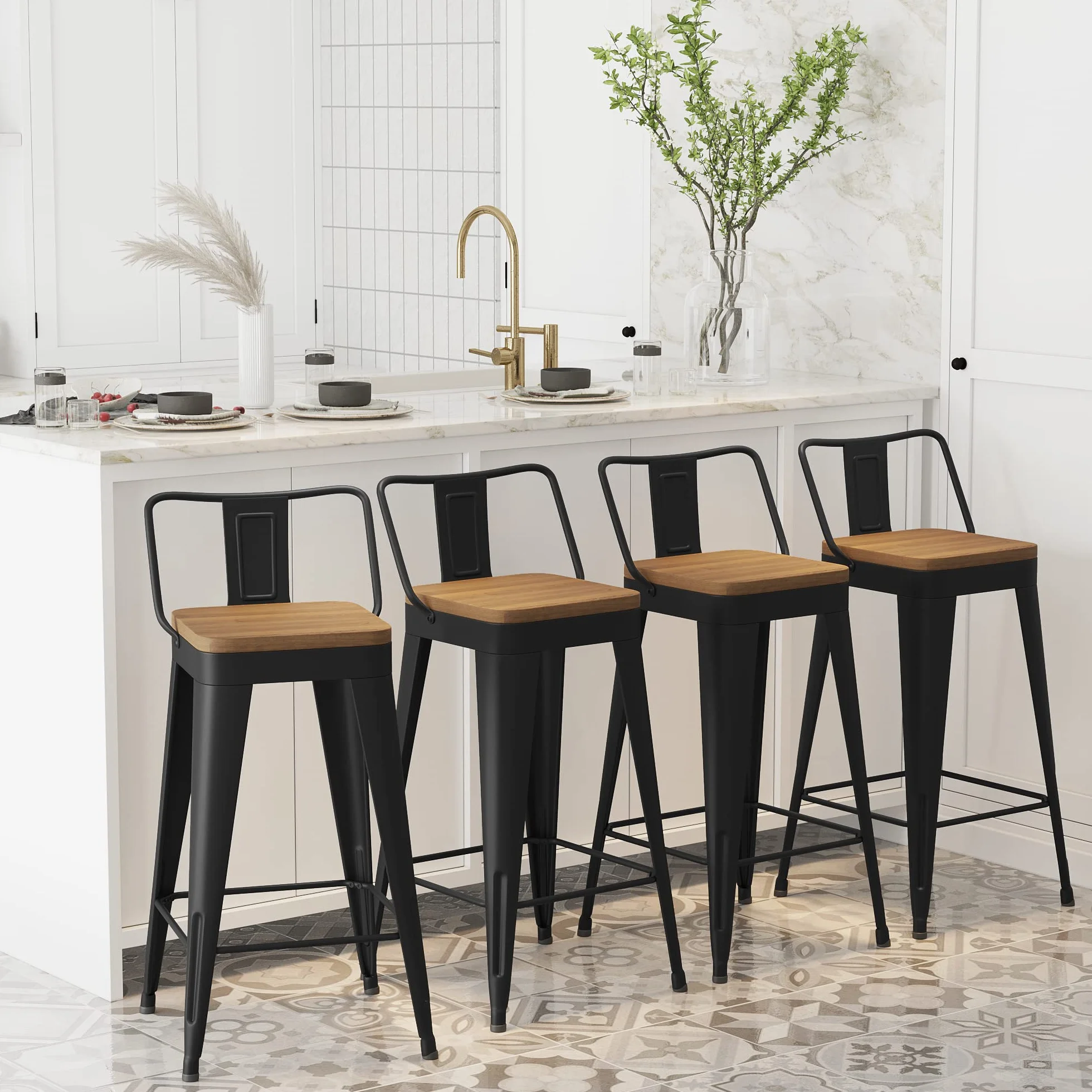 WENTMENT Metal Bar Stools Set of 4 Counter Height Barstools with Removable Back 26" Kitchen Bar Stools with Wooden Seat, Black