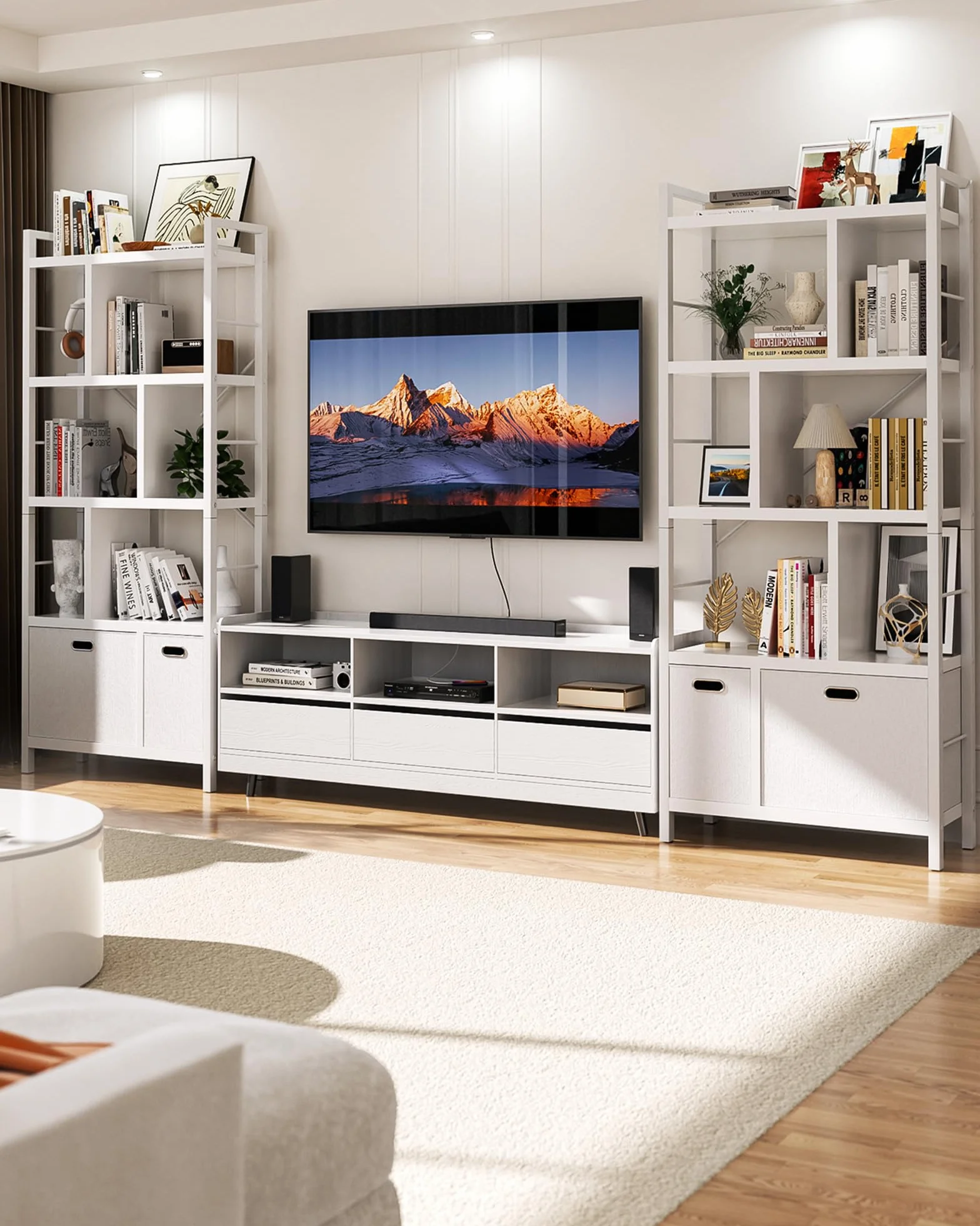 Bookshelf with Drawers - 5 Tier Tall Bookcase Geometric Modern Book Shelf Display Standing Bookshelves with Storage for Living Room, Bedroom Home Office, White