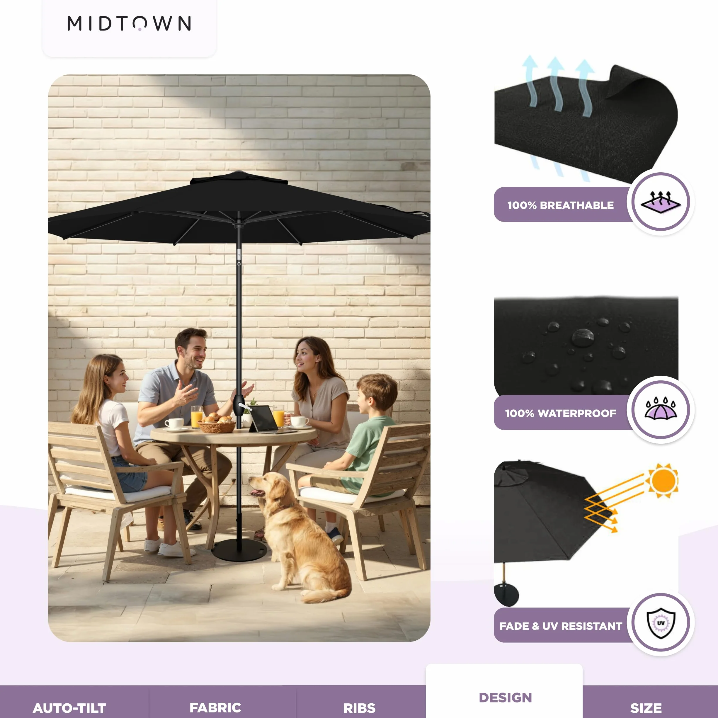 Midtown Umbrellas - 10-Year-No-Fade 9 Ft Patio Umbrella with Terylast Fabric, Auto-Tilt Aluminum Frame and 8 Reinforced Ribs for Deck, Pool, Garden & Beach - Ebony Black Canopy, Black Pole