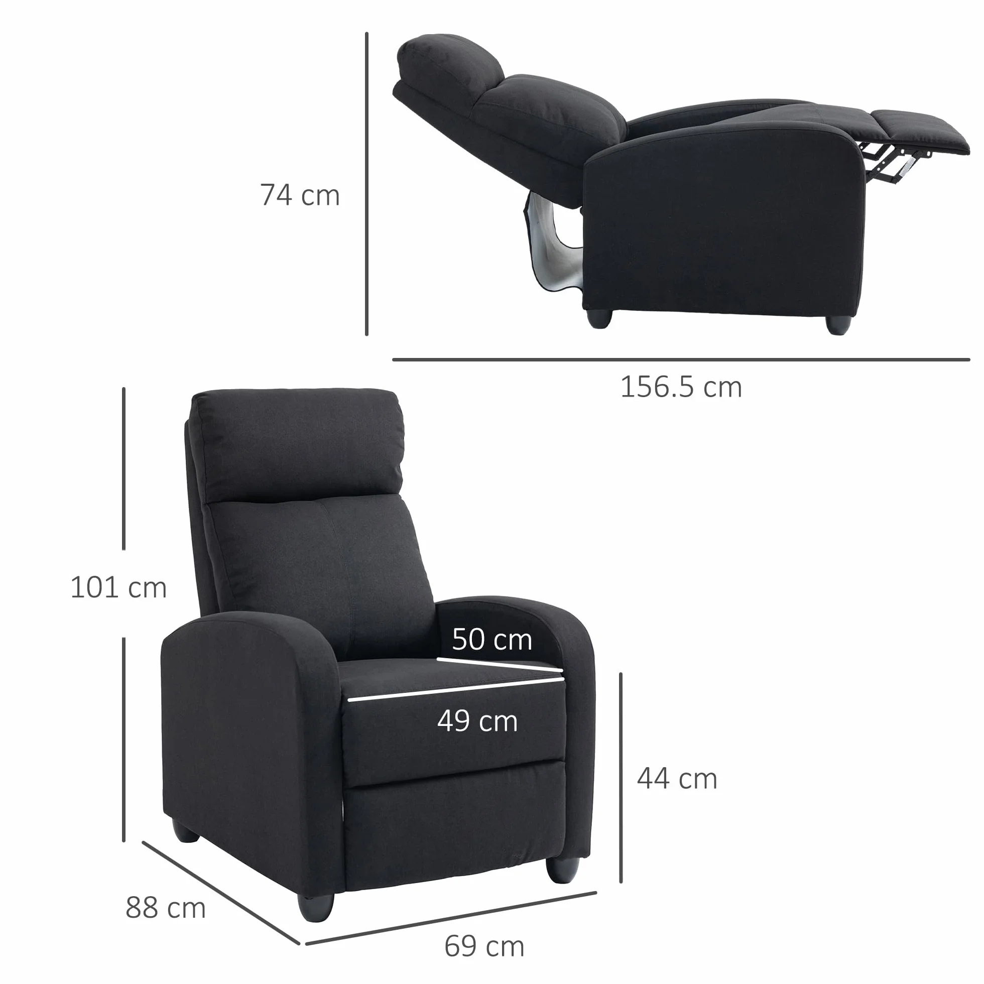 HOMCOM Manual Reclining Relax Armchair with Footrest, Reclining Armchair Upholstered in Linen and Steel Effect Fabric for Bedroom, Living Room and Living Room, Black